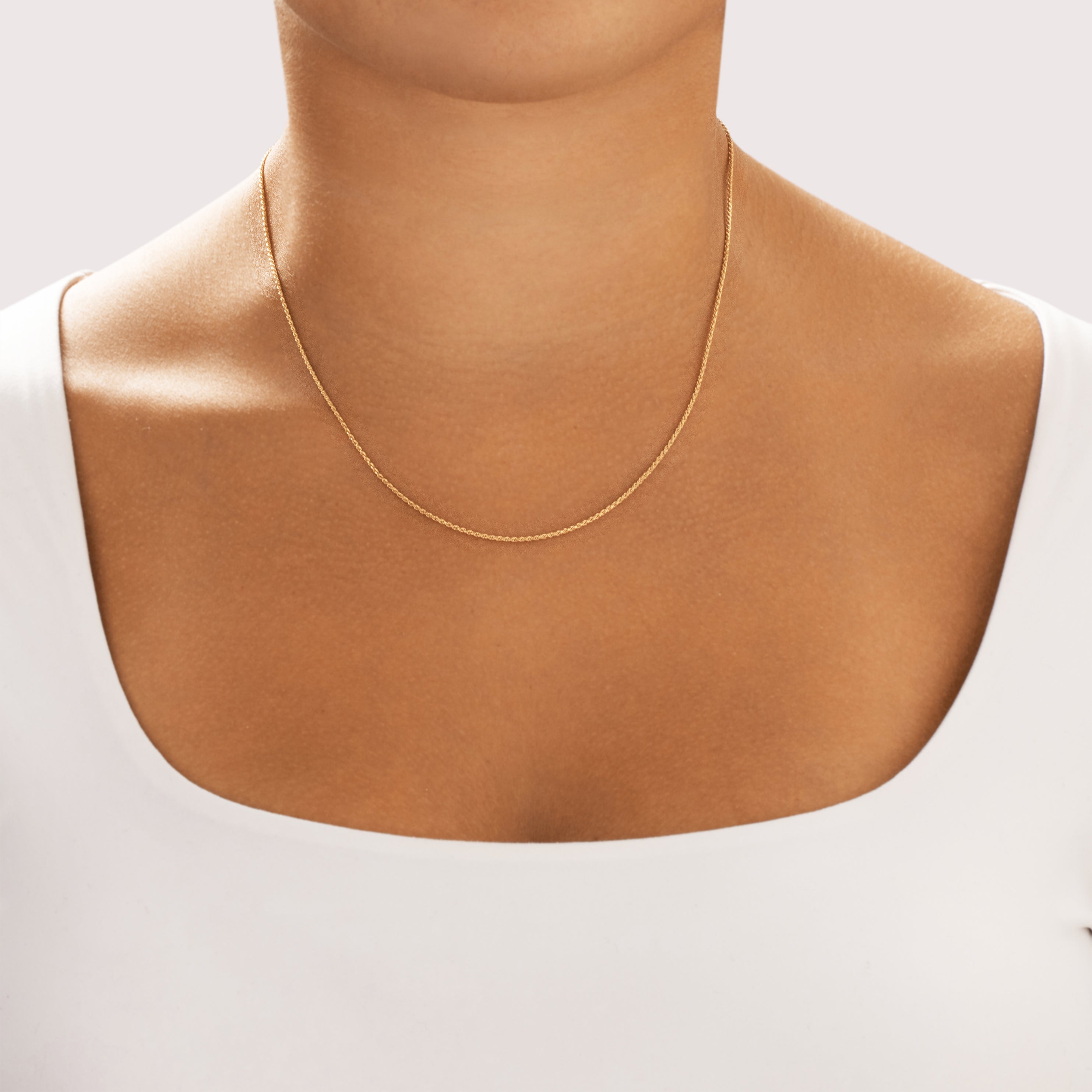 Vintage Italian 14k Yellow Gold 1.15mm Delicate Laser-Cut Rope Chain - On model view