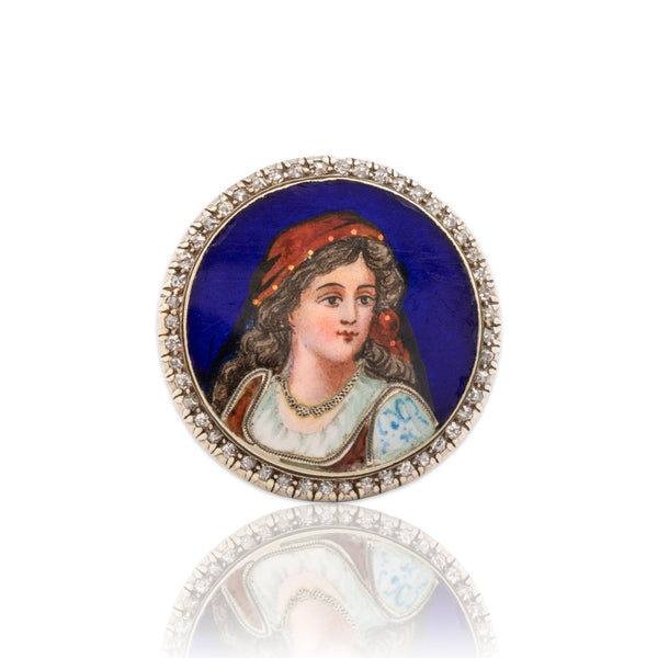 Antique Victorian 14k Yellow Gold & Silver Old Mine Cut Diamond Limoges Enamel Ring 6.75