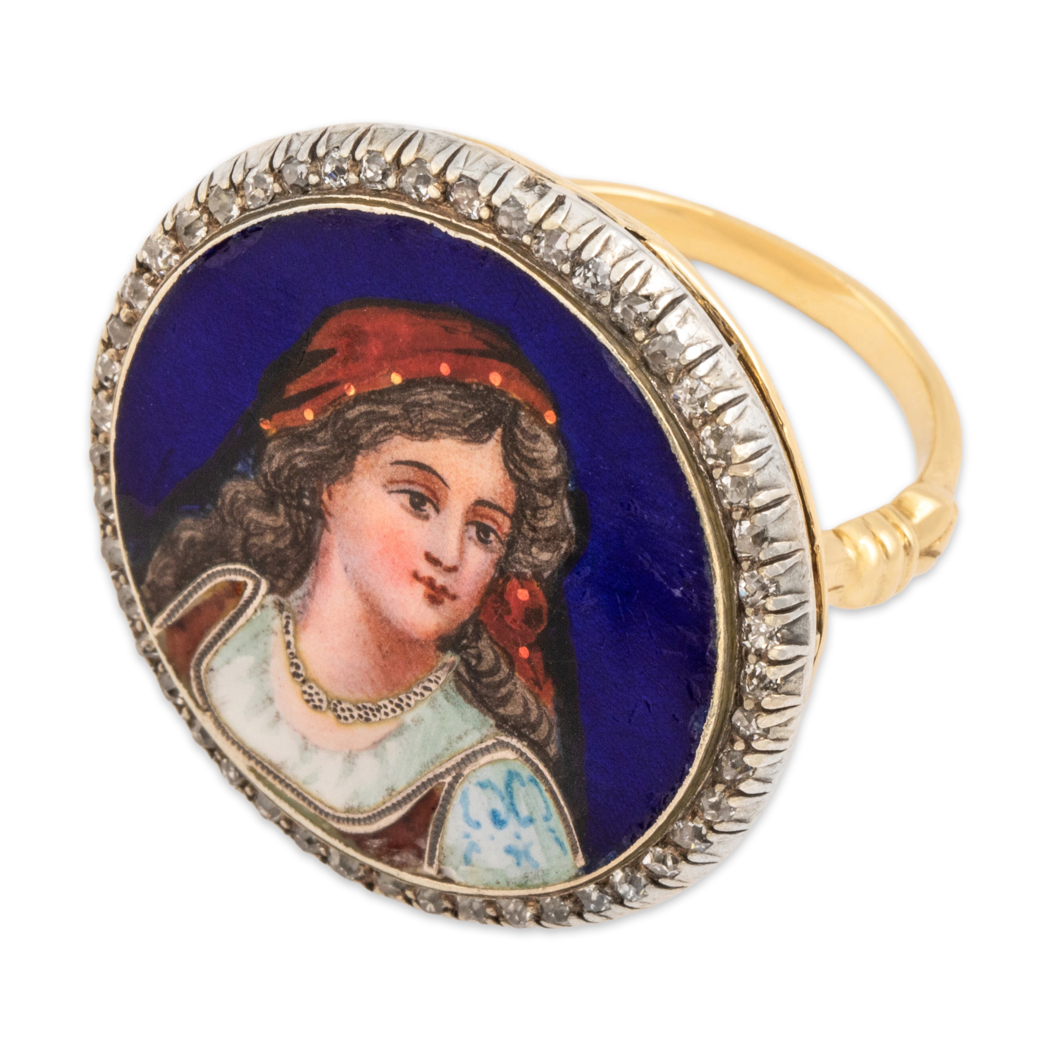 Antique Victorian 14k Yellow Gold & Silver Old Mine Cut Diamond Limoges Enamel Ring 6.75