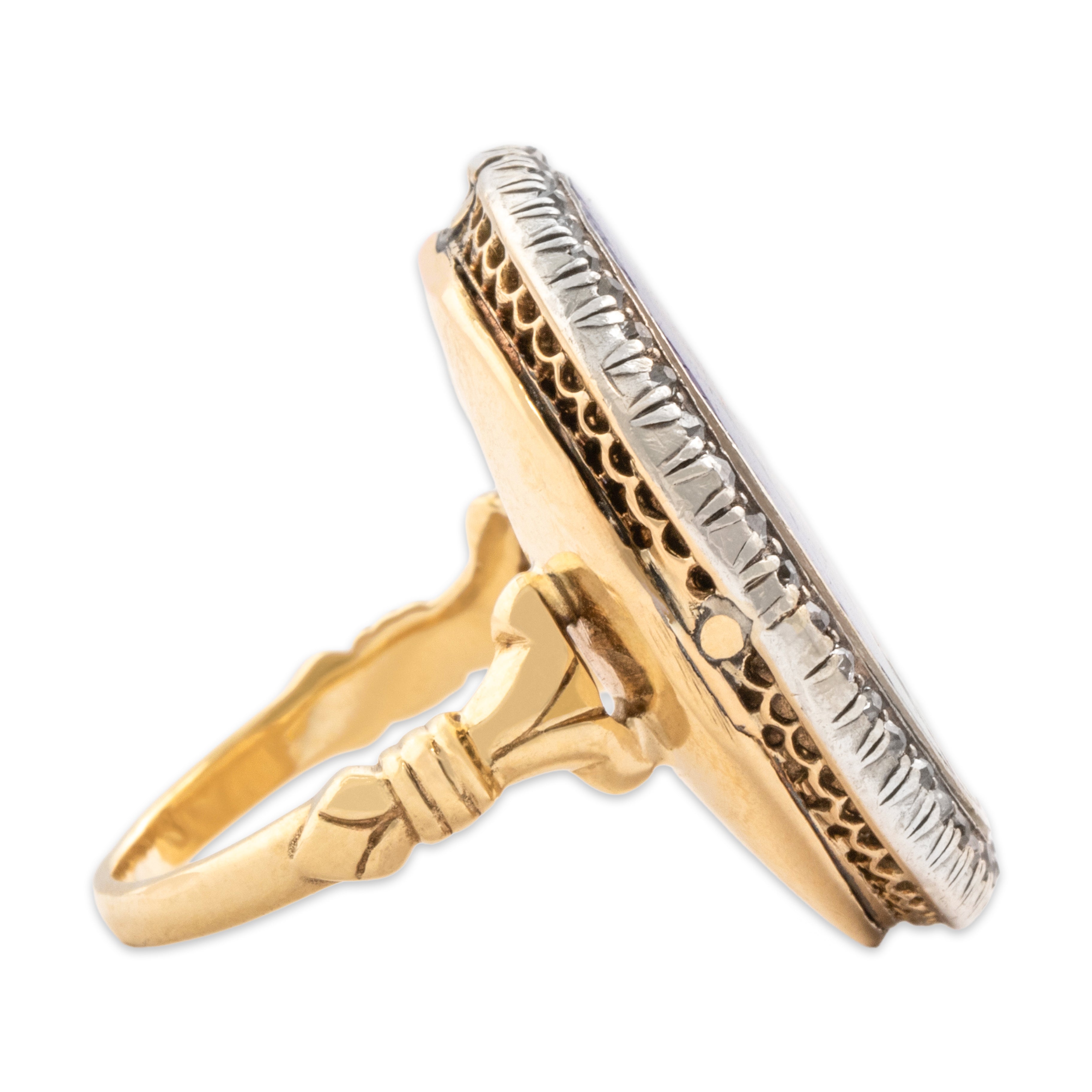 Antique Victorian 14k Yellow Gold & Silver Old Mine Cut Diamond Superb Limoges Enamel Woman Ring - Side view