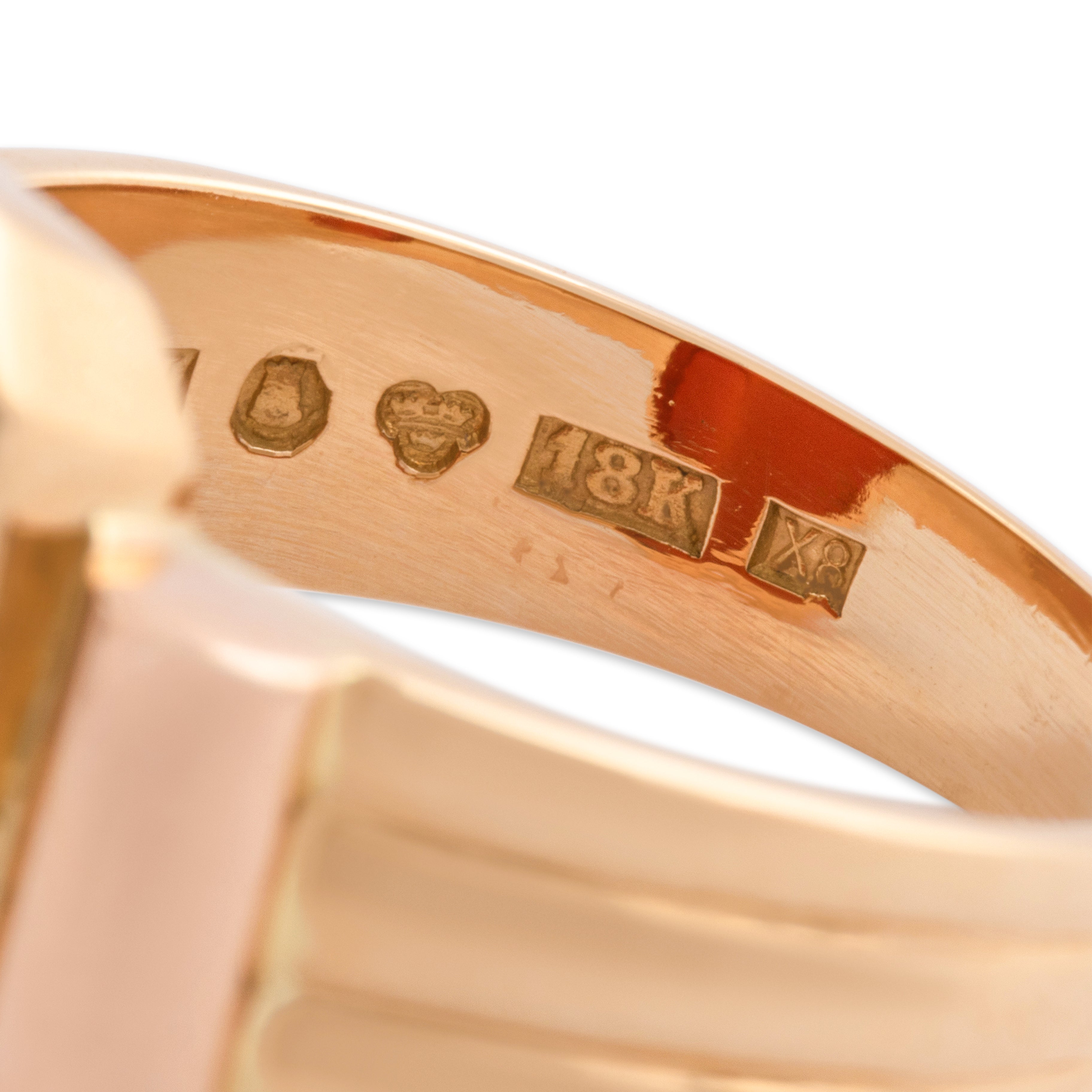 Vintage Swedish 18k Yellow & Rose Gold 3.87ct Carnelian Mesmerizing Bold Shoulder Signet Ring - Hallmark view
