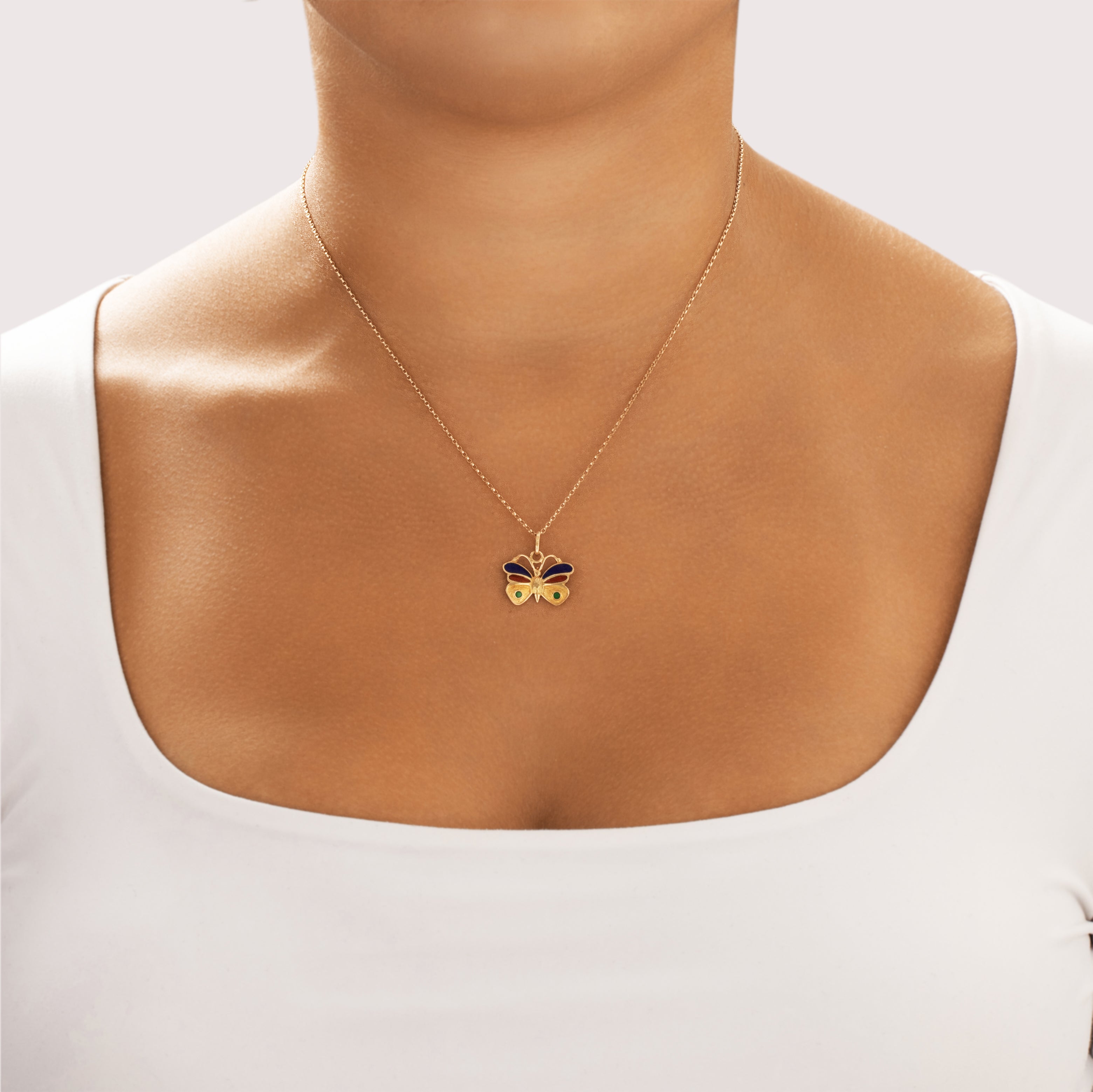 Vintage Italian 18k Yellow Gold Artistic Enamel Butterfly Charm / Pendant - On model view