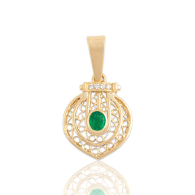 Vintage 18k Yellow Gold Emerald Diamond Openwork Bezel Dangle Pendant