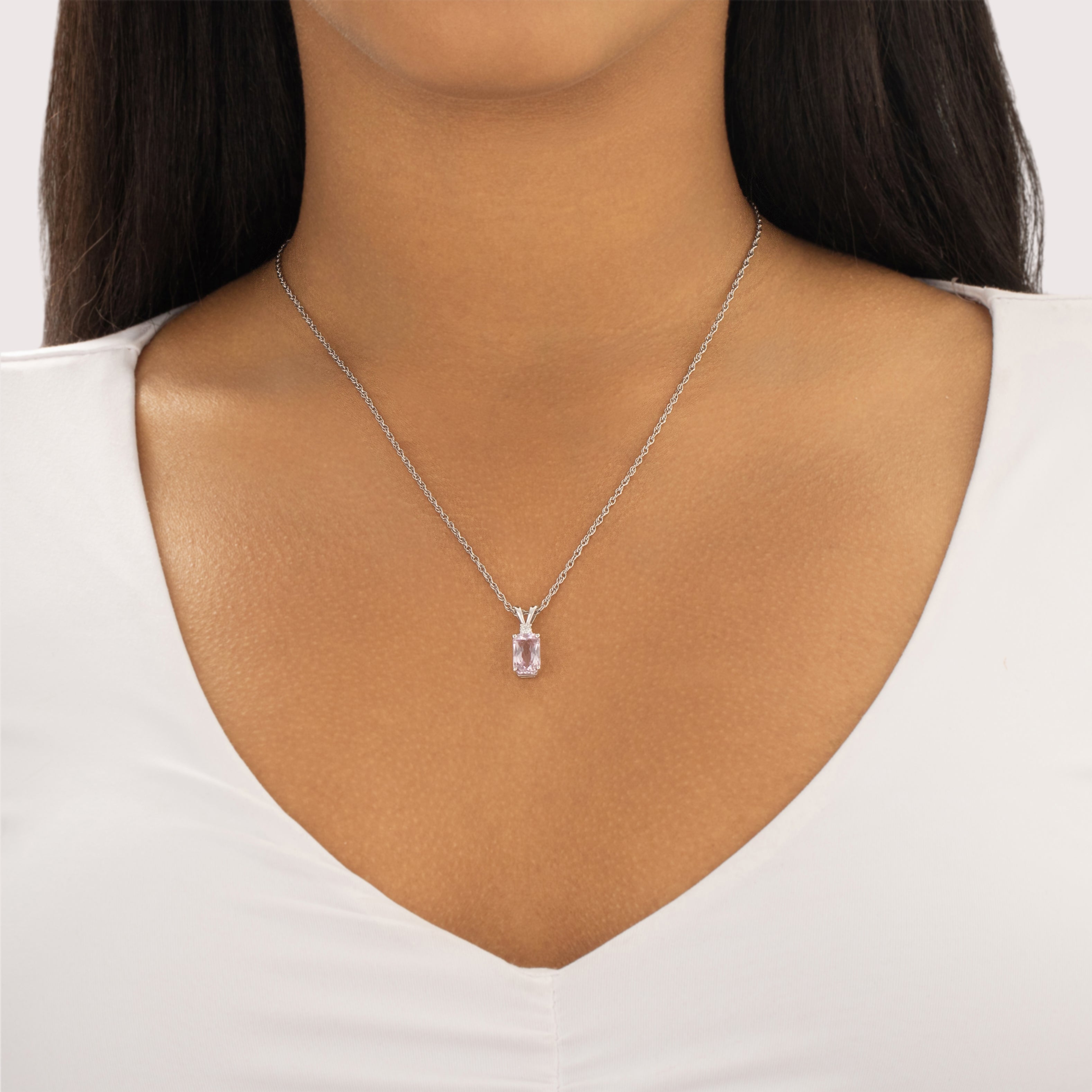 Vintage 14k White Gold 2.9ct Kunzite Diamond Sparkling Sweet Duo Pendant - On model view