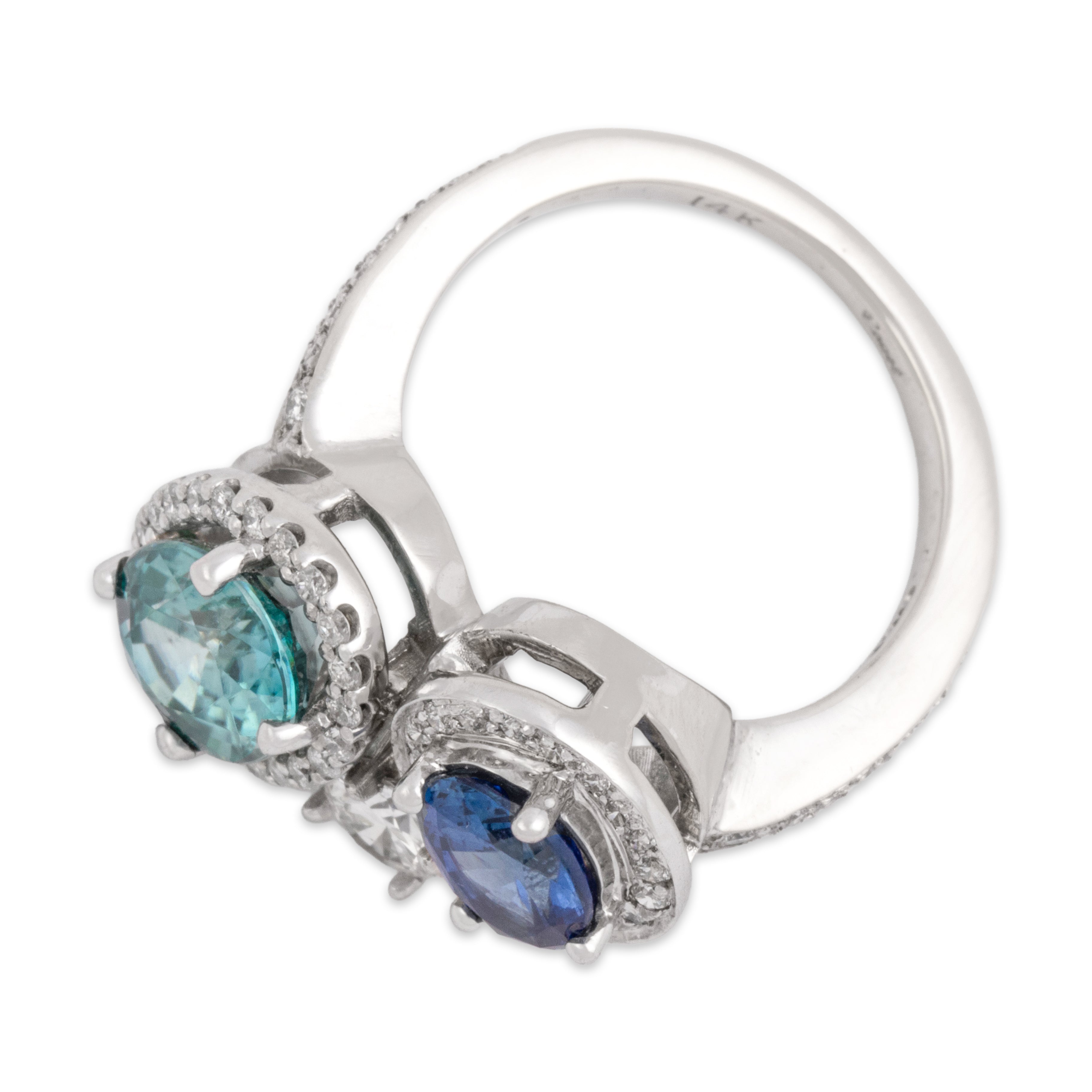 Vintage 14k White Gold 2.97ct Blue Zircon 1.2ct Blue Sapphire .71cttw Diamond Fabulous Multi-Halo Statement Ring - Overall view
