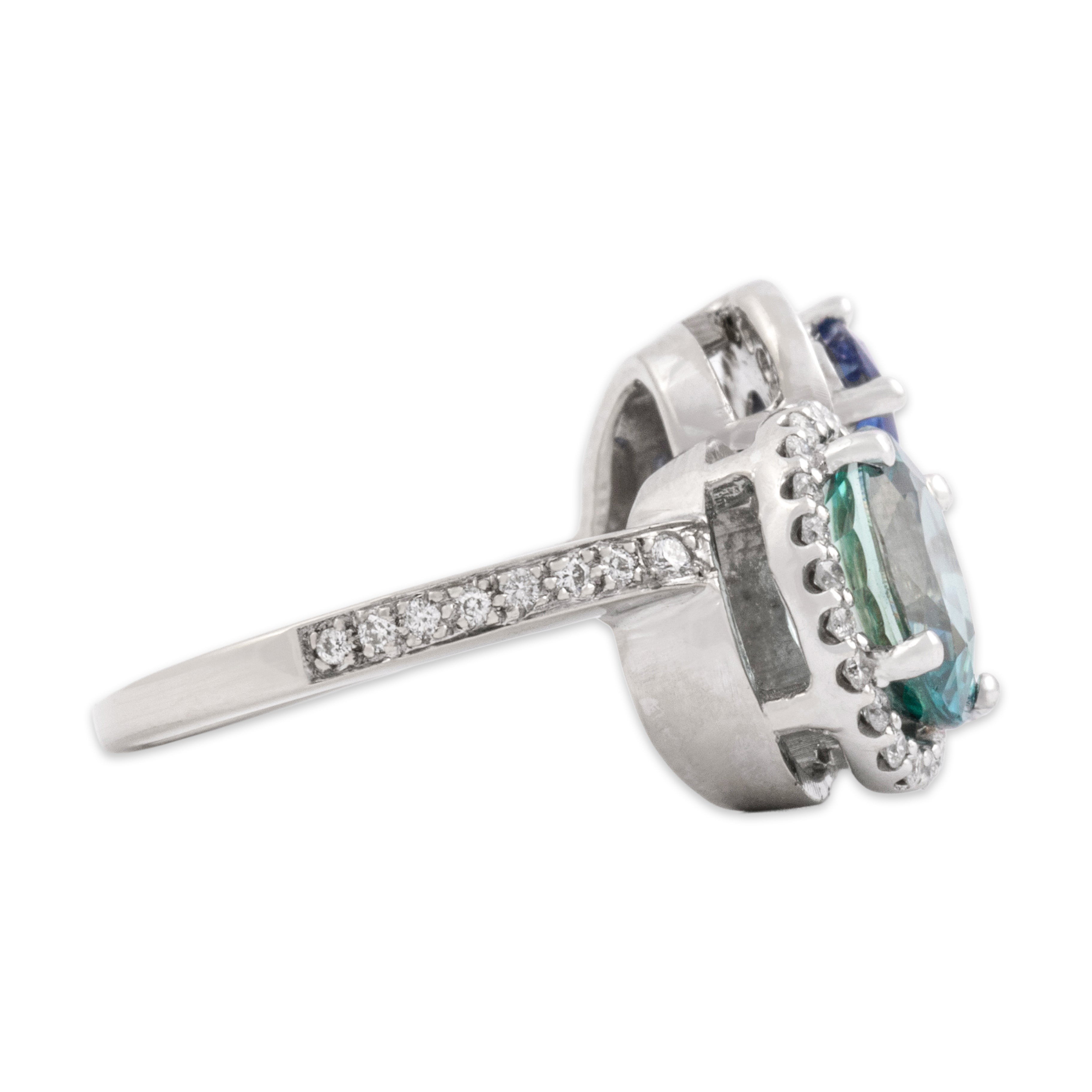 Vintage 14k White Gold 2.97ct Blue Zircon 1.2ct Blue Sapphire .71cttw Diamond Fabulous Multi-Halo Statement Ring - Side view