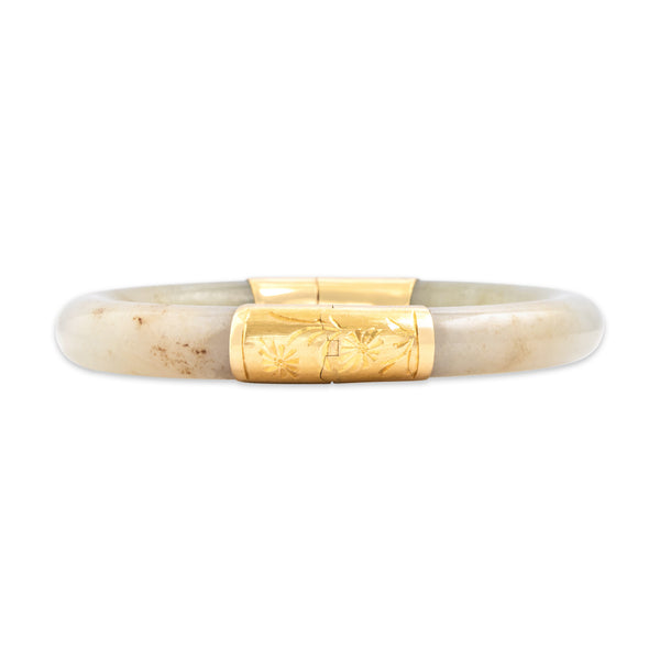 Vintage Heavy 14k Yellow Gold Jade Floral Detailed Bangle Bracelet 6.5