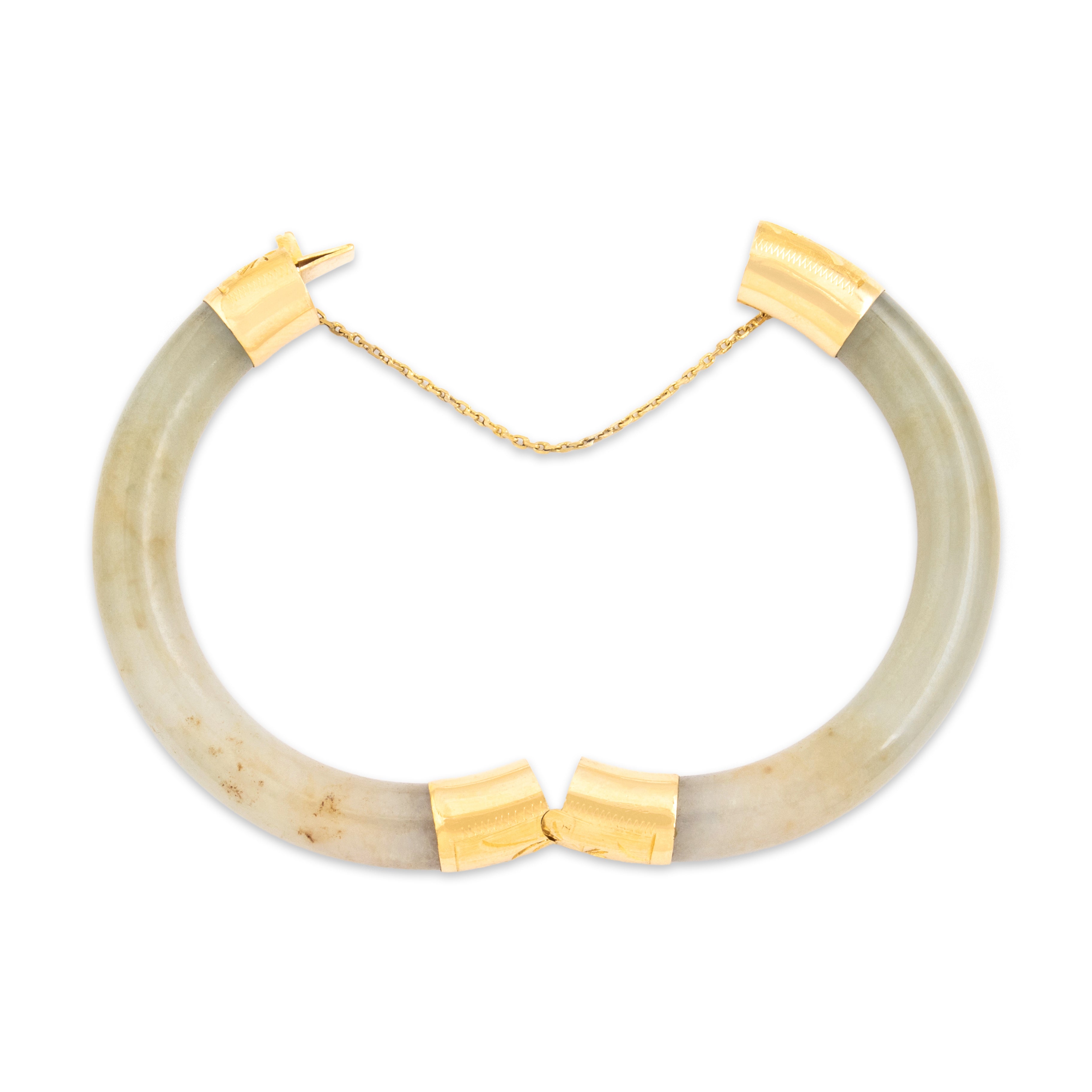 Vintage Heavy 14k Yellow Gold Jade Floral Detailed Bangle Bracelet 6.5