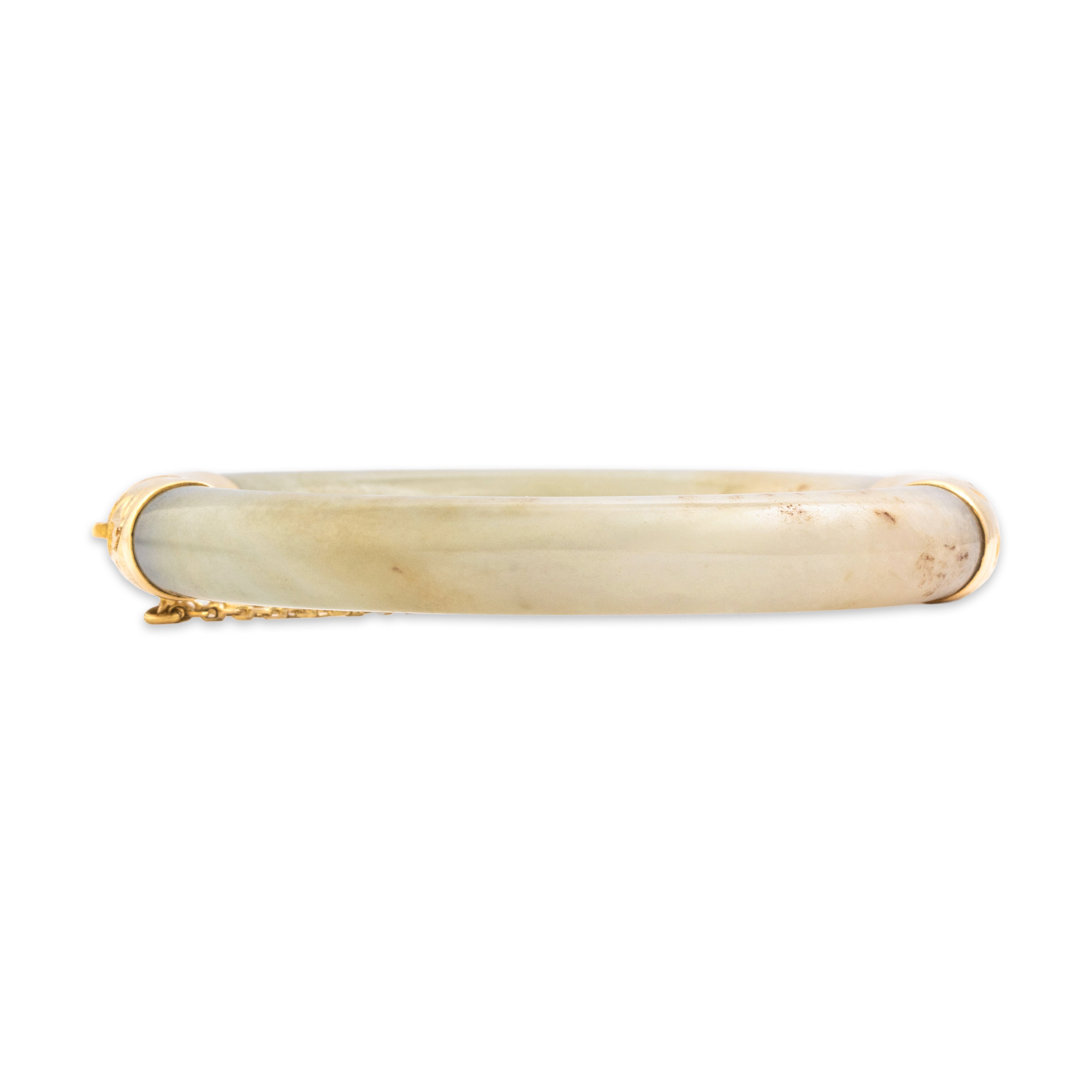 Vintage Heavy 14k Yellow Gold Jade Floral Detailed Bangle Bracelet 6.5