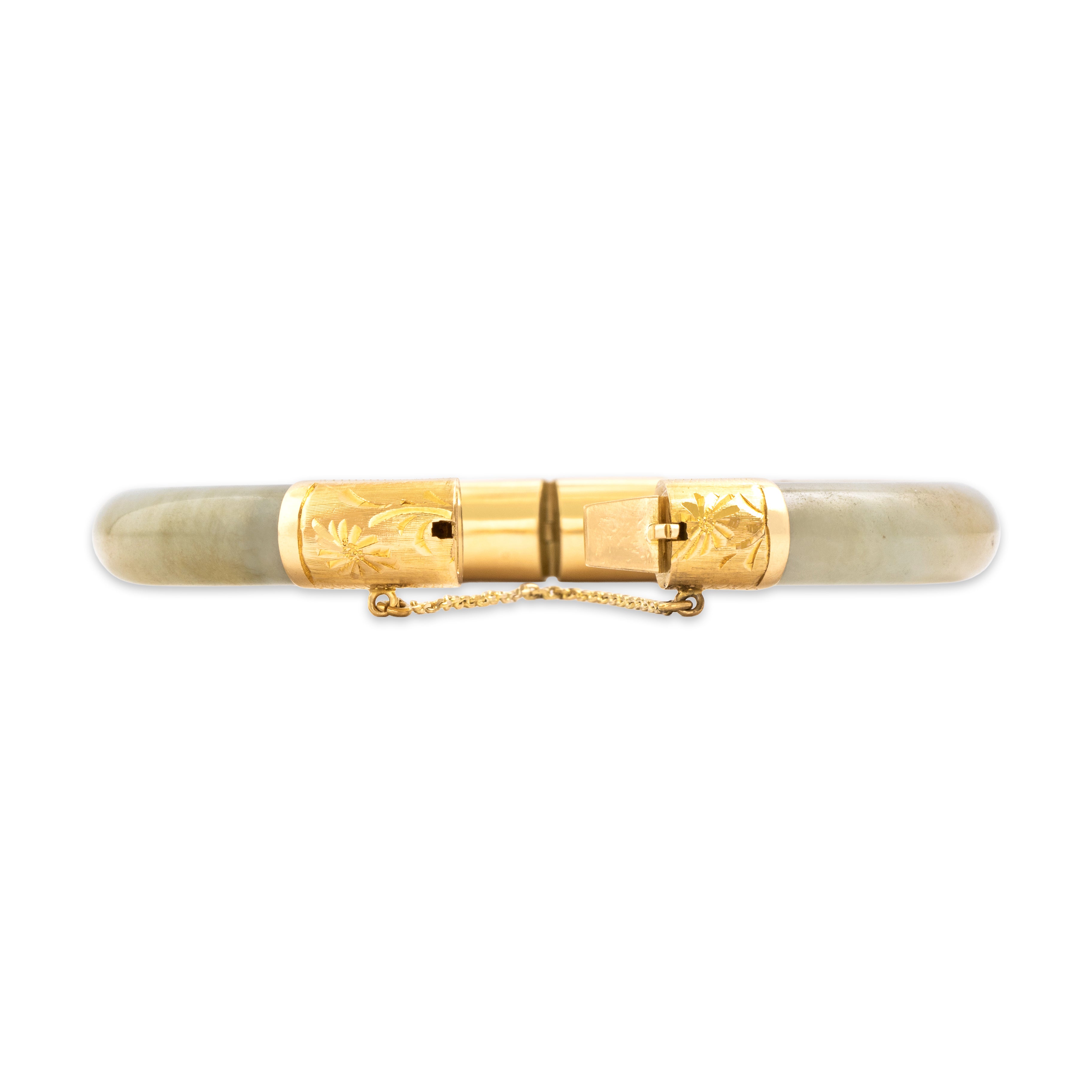 Vintage Heavy 14k Yellow Gold Jade Floral Detailed Bangle Bracelet 6.5