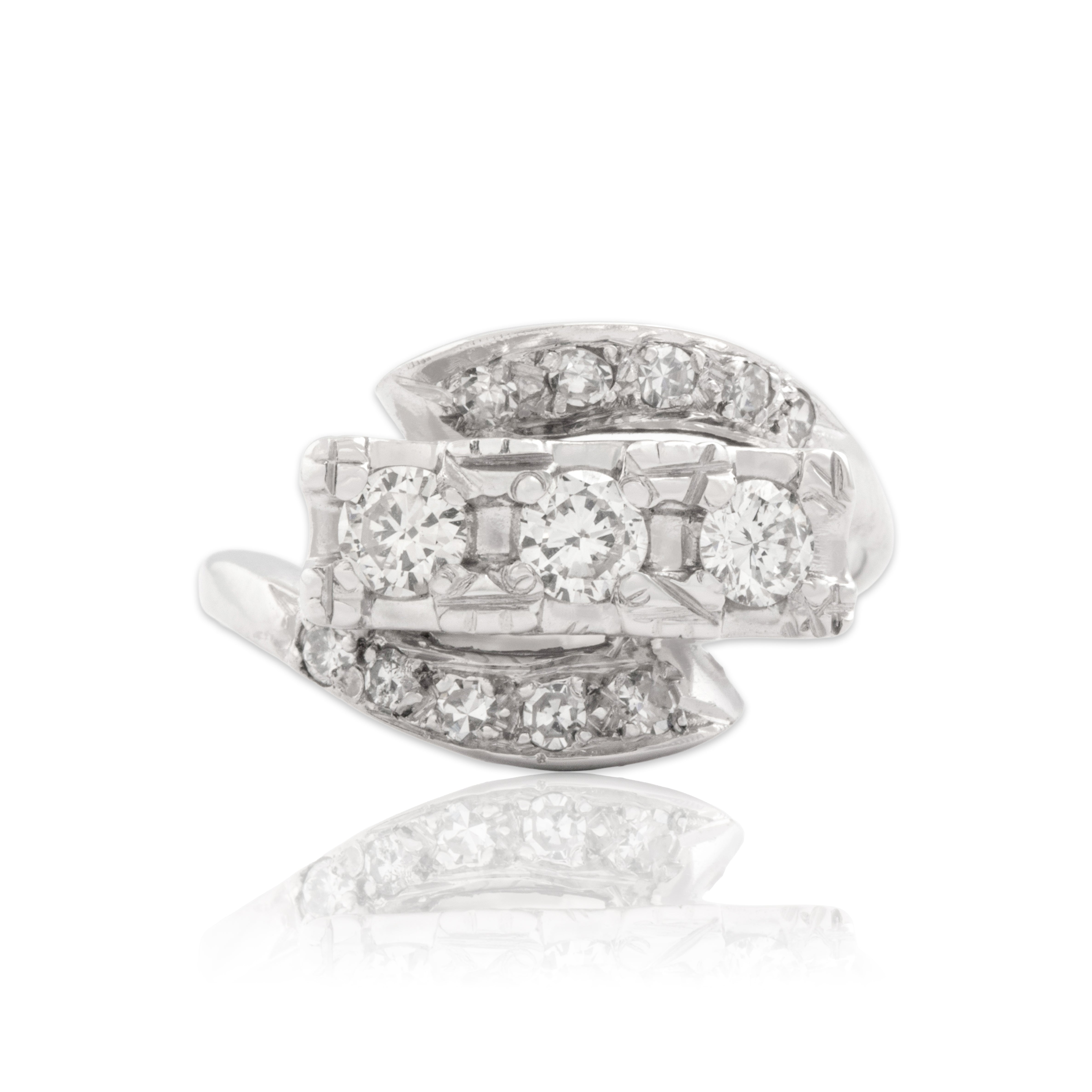Vintage 14k White Gold .68cttw Diamond Swooping Trio Bar Bypass Ring - Close-up view