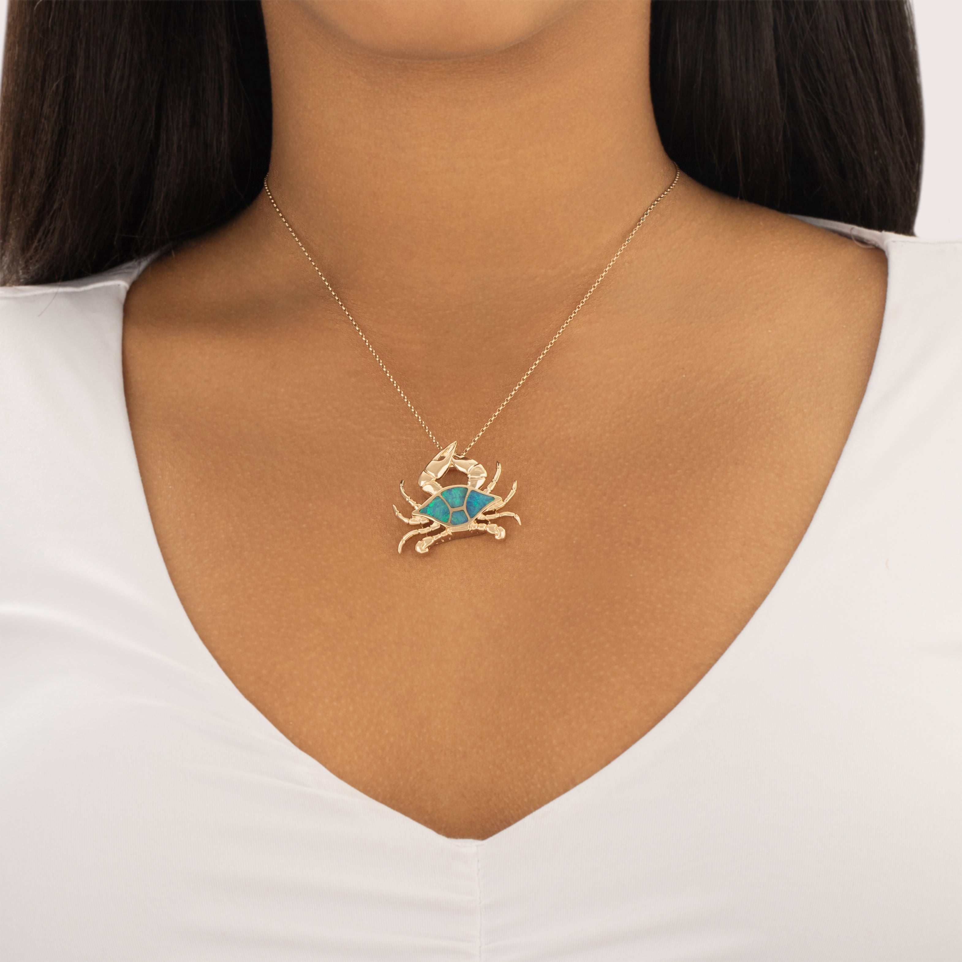 Estate Heavy 14k Yellow Gold Blue Opal Doublet Inlay Pinching Crab Slide Pendant - On model view
