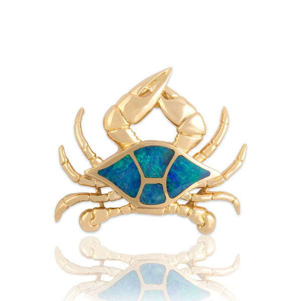 Estate Heavy 14k Yellow Gold Blue Opal Doublet Inlay Pinching Crab Slide Pendant