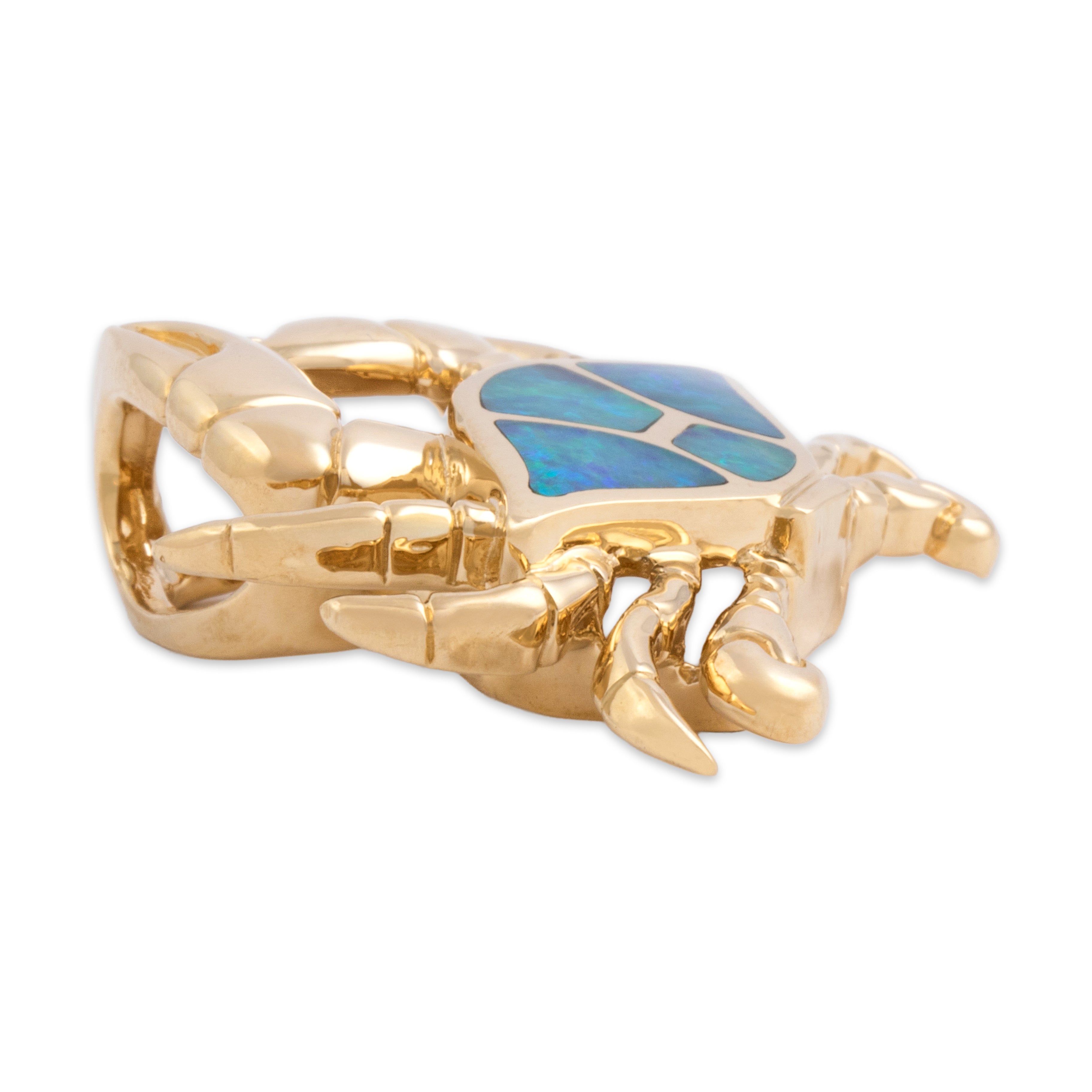 Estate Heavy 14k Yellow Gold Blue Opal Doublet Inlay Pinching Crab Slide Pendant - Side view