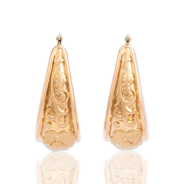 Vintage Italian 14k Yellow & Rose Gold Wide Flourish-Adorned Hoop Earrings