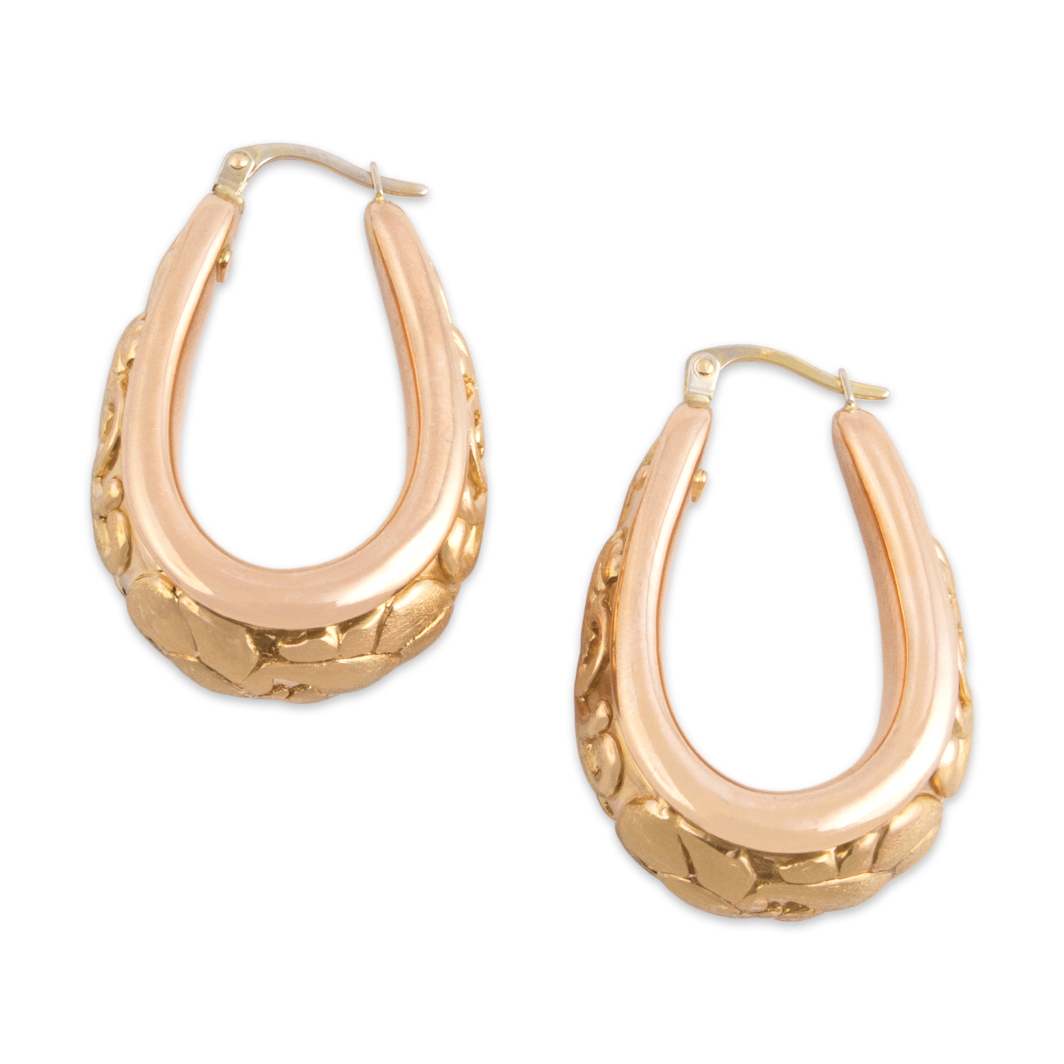 Vintage Italian 14k Yellow & Rose Gold Wide Brushed Flourish-Adorned Hoop Earrings - Overall view