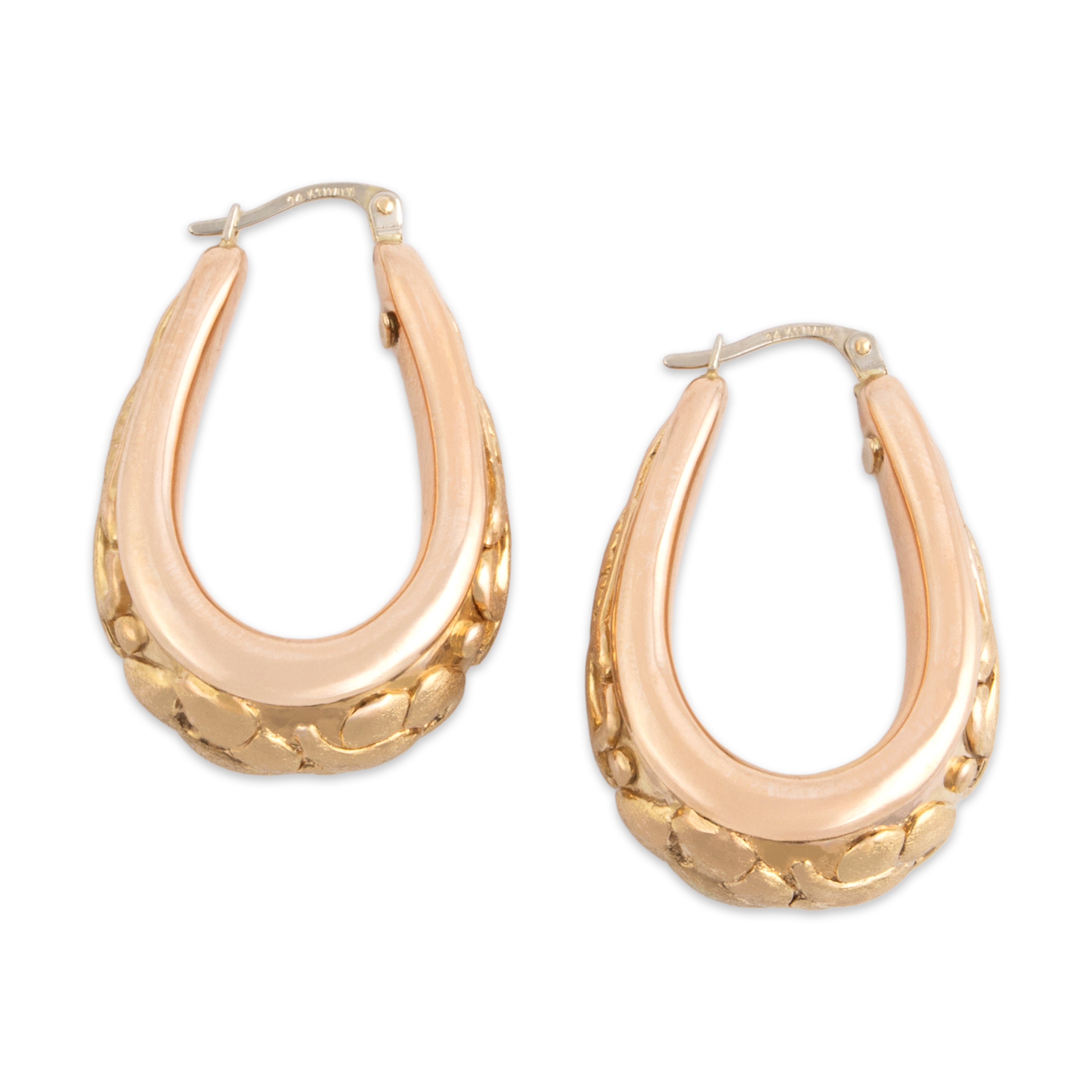 Vintage Italian 14k Yellow & Rose Gold Wide Brushed Flourish-Adorned Hoop Earrings - Overall view