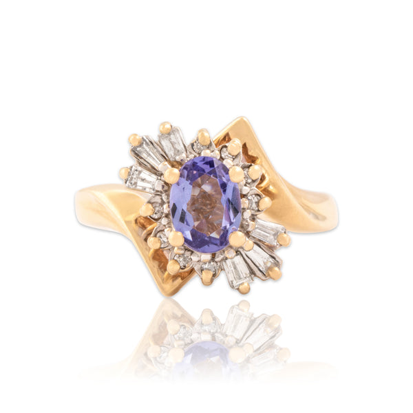 Vintage 14k Yellow Gold .64ct Tanzanite Diamond Sparkling Bypass Spray Ring 5.75