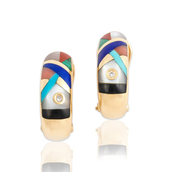Vintage Asch Grossbardt 14k Yellow Gold Multi-Stone Geometric Omega-Back Earrings
