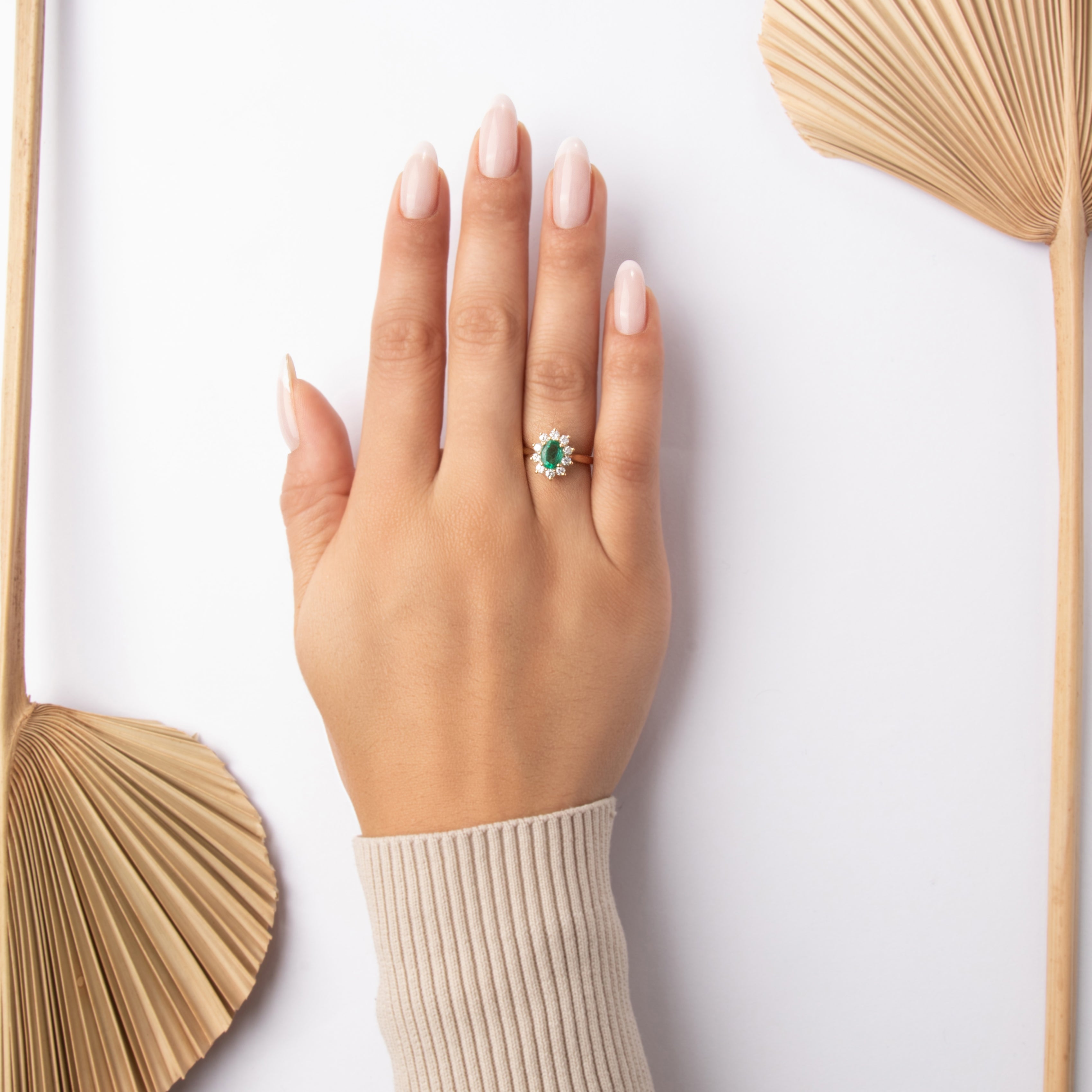 Vintage 14k Yellow Gold .8ct Emerald Diamond Classic Sparkling Halo Ring - On model view