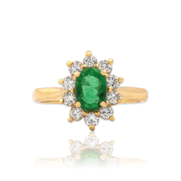 Vintage 14k Yellow Gold .8ct Emerald Diamond Classic Sparkling Halo Ring 6.50
