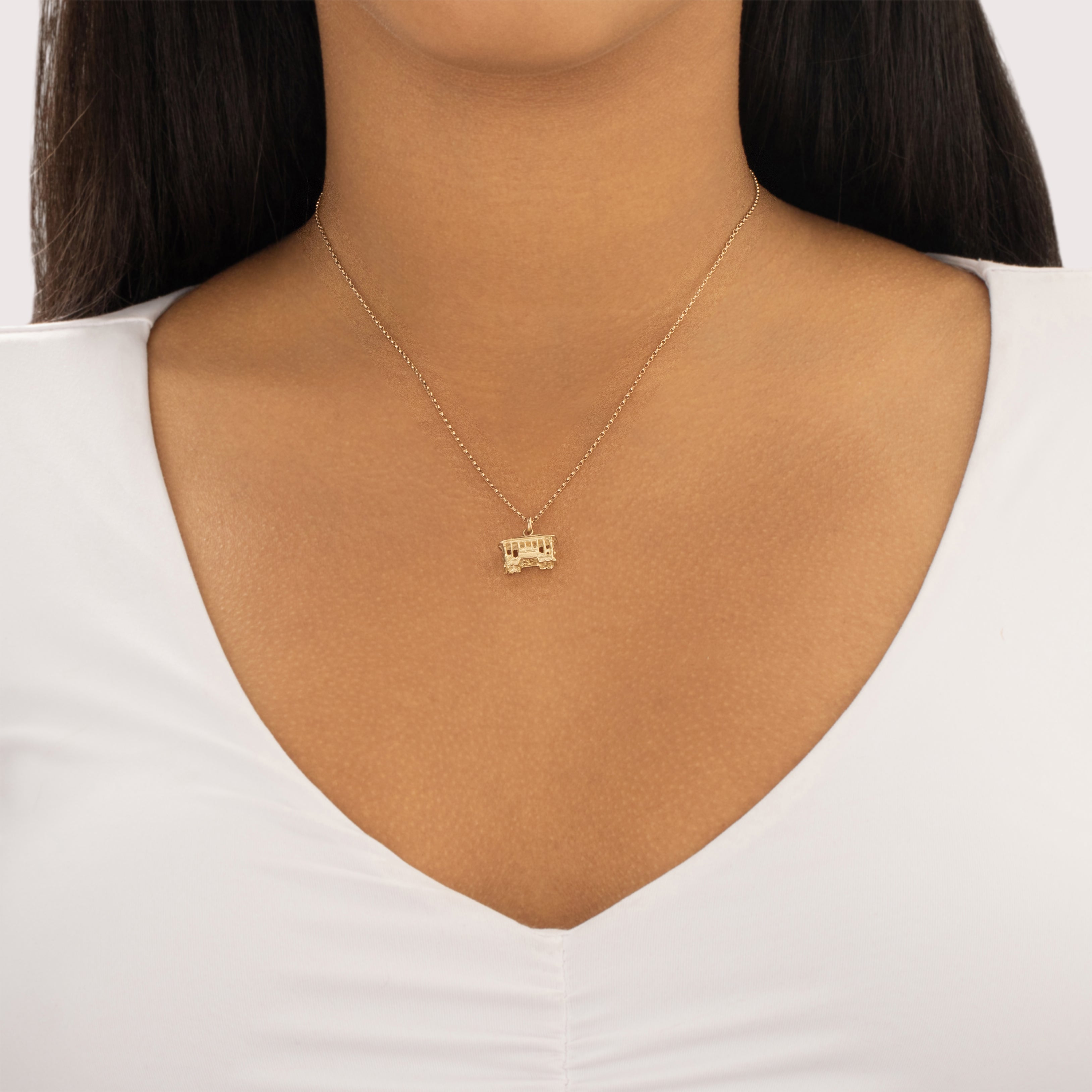 Vintage 14k Yellow Gold Cable Car Trolley Charm / Pendant - On model view