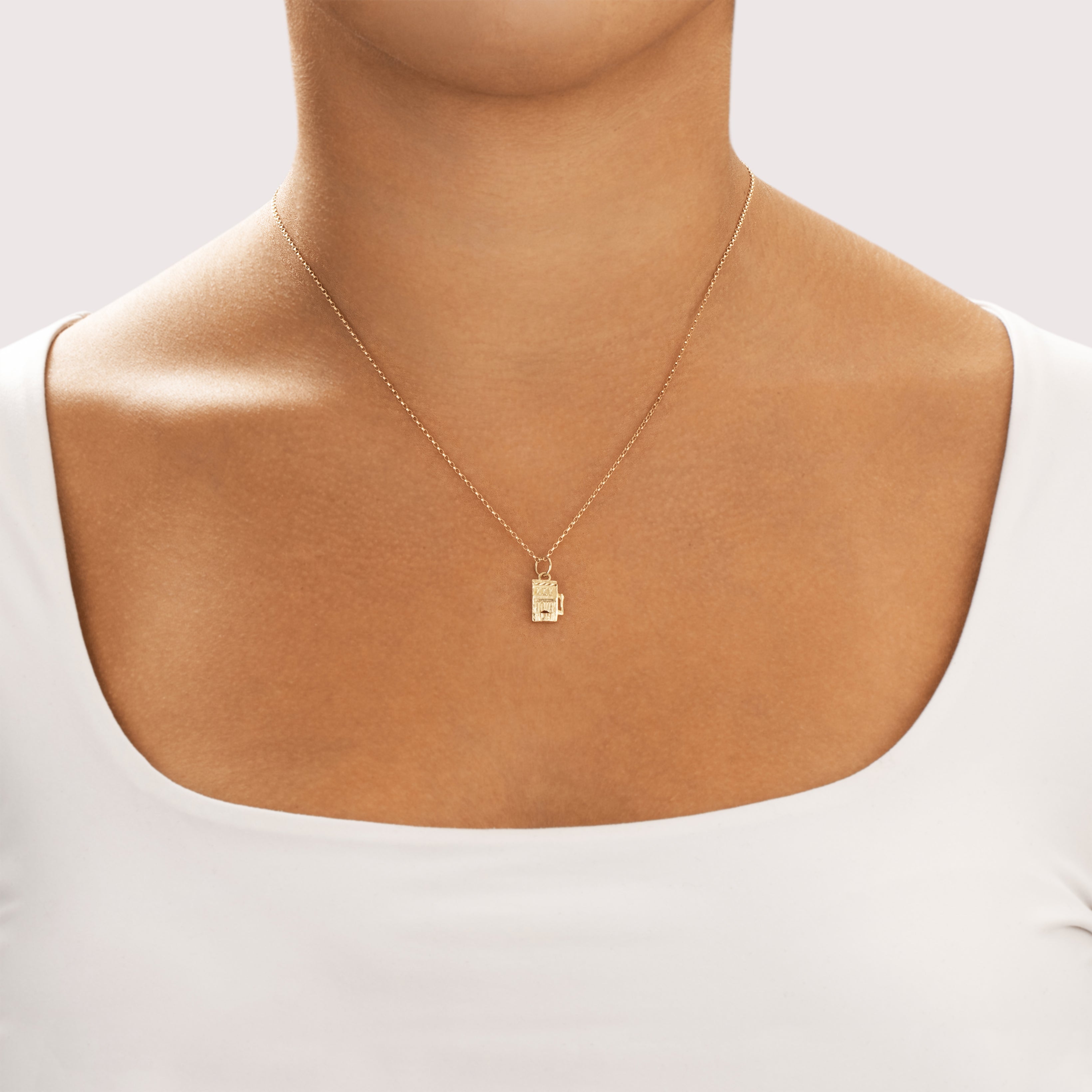 Vintage 14k Yellow Gold Lucky 777 Slot Machine Charm / Pendant - On model view