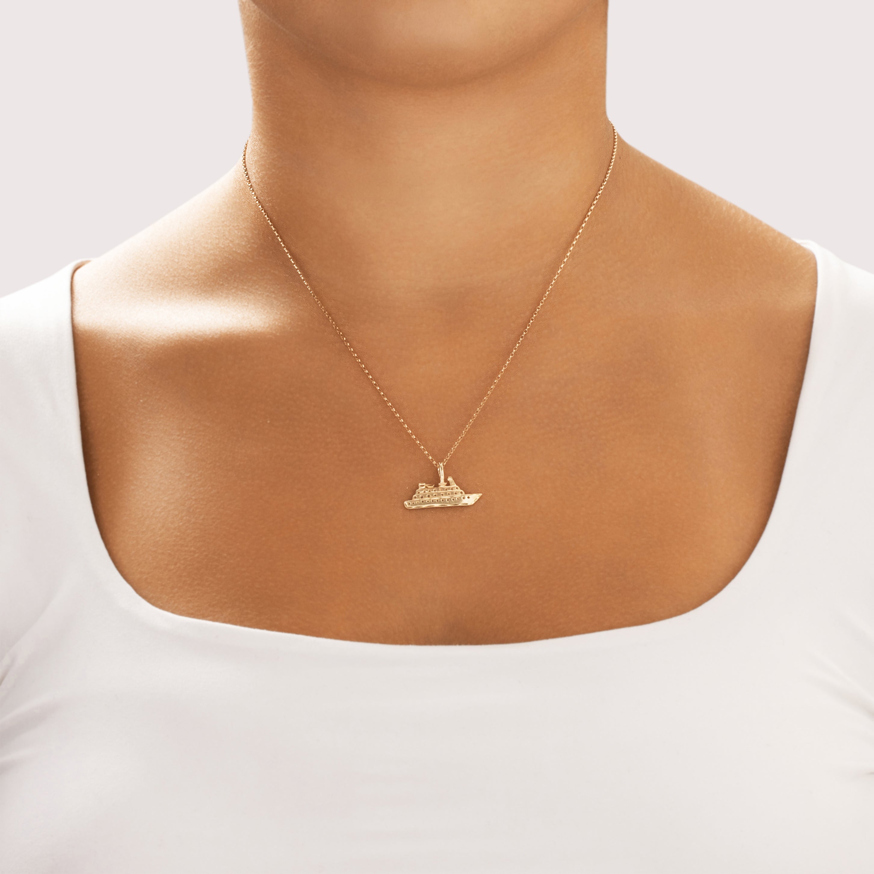 Vintage 14k Yellow Gold Hand Carved Ship Charm / Pendant - On model view
