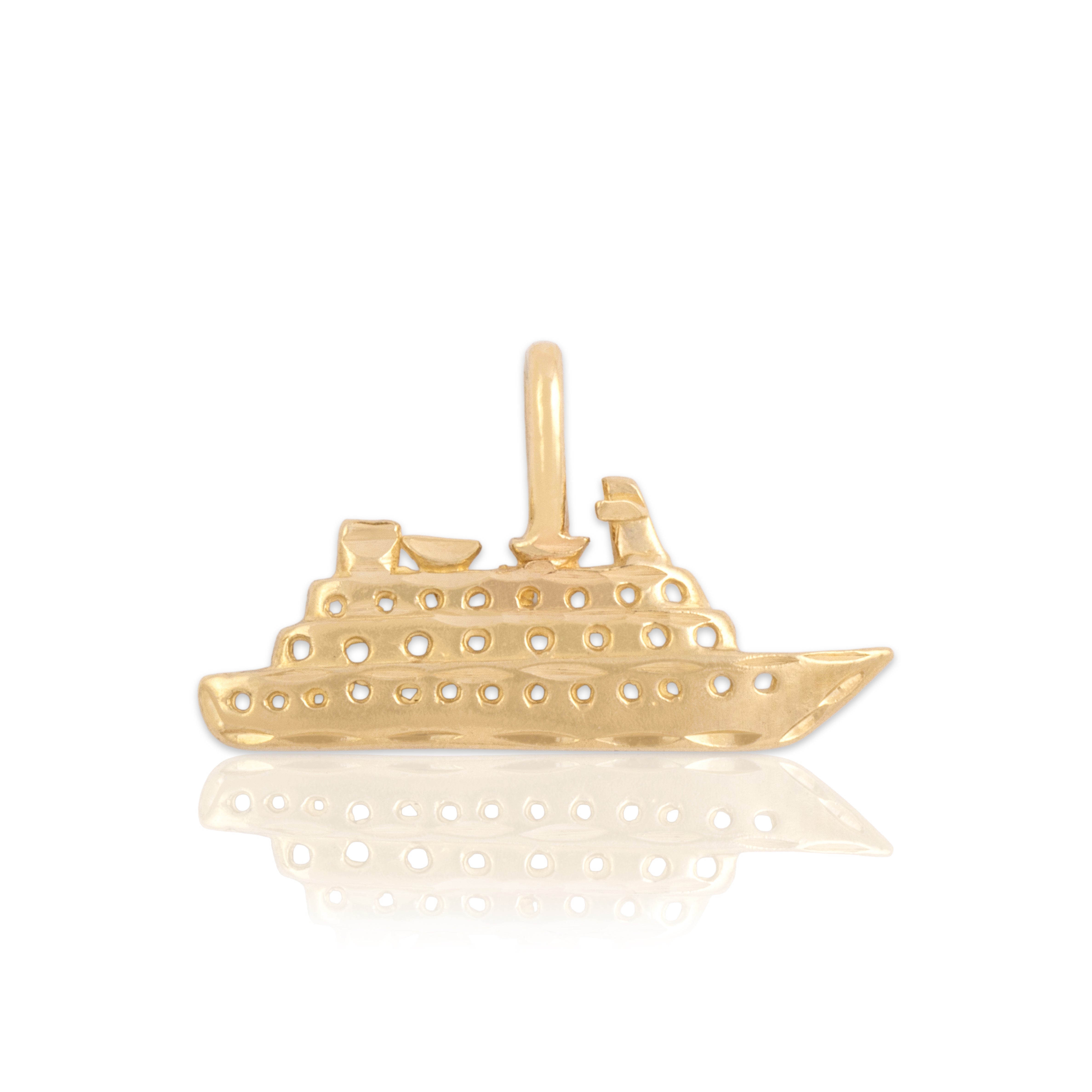 Vintage 14k Yellow Gold Hand Carved Ship Charm / Pendant - Close-up view