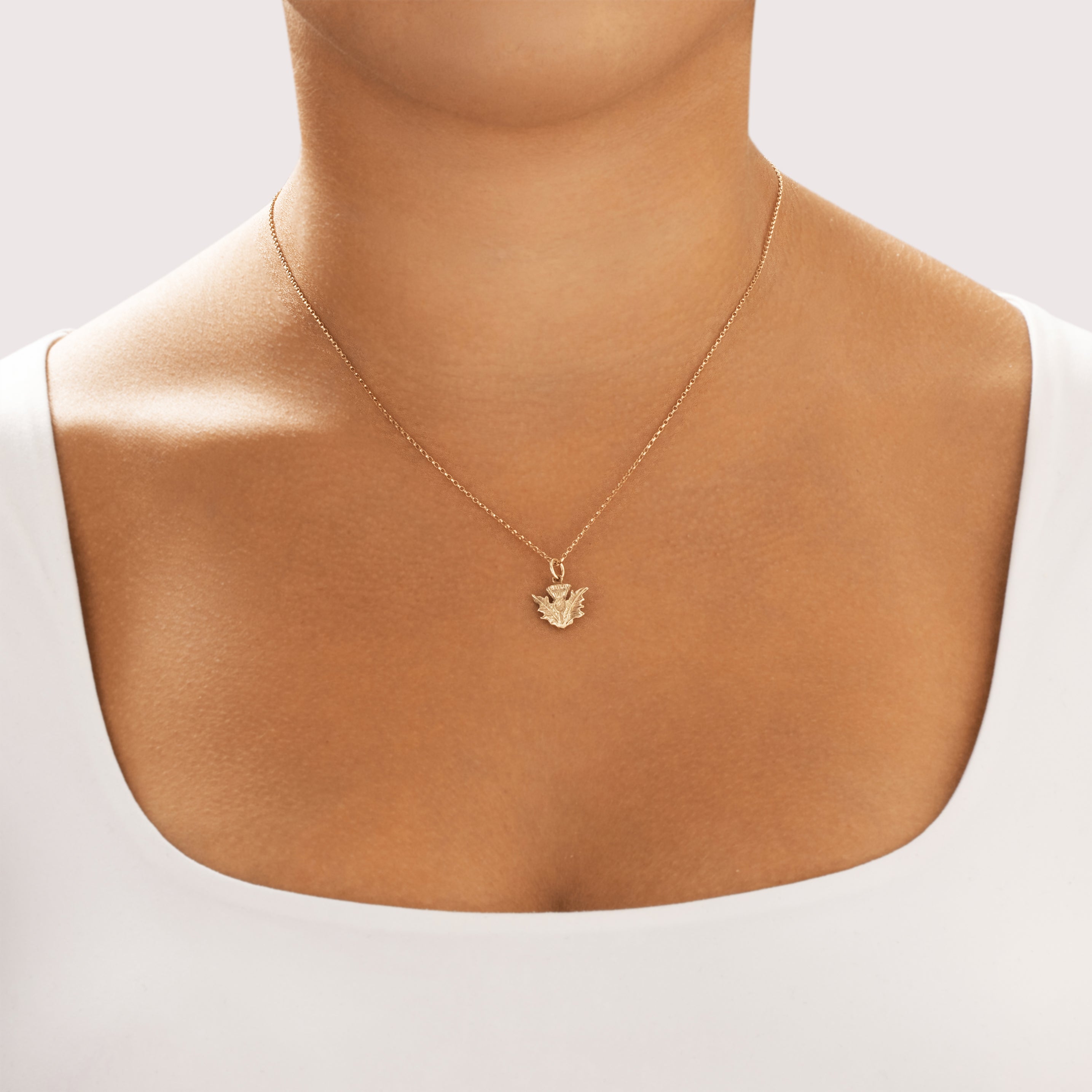 Vintage Scottish Small 9k Yellow Gold Detailed Thistle Charm / Pendant - On model view