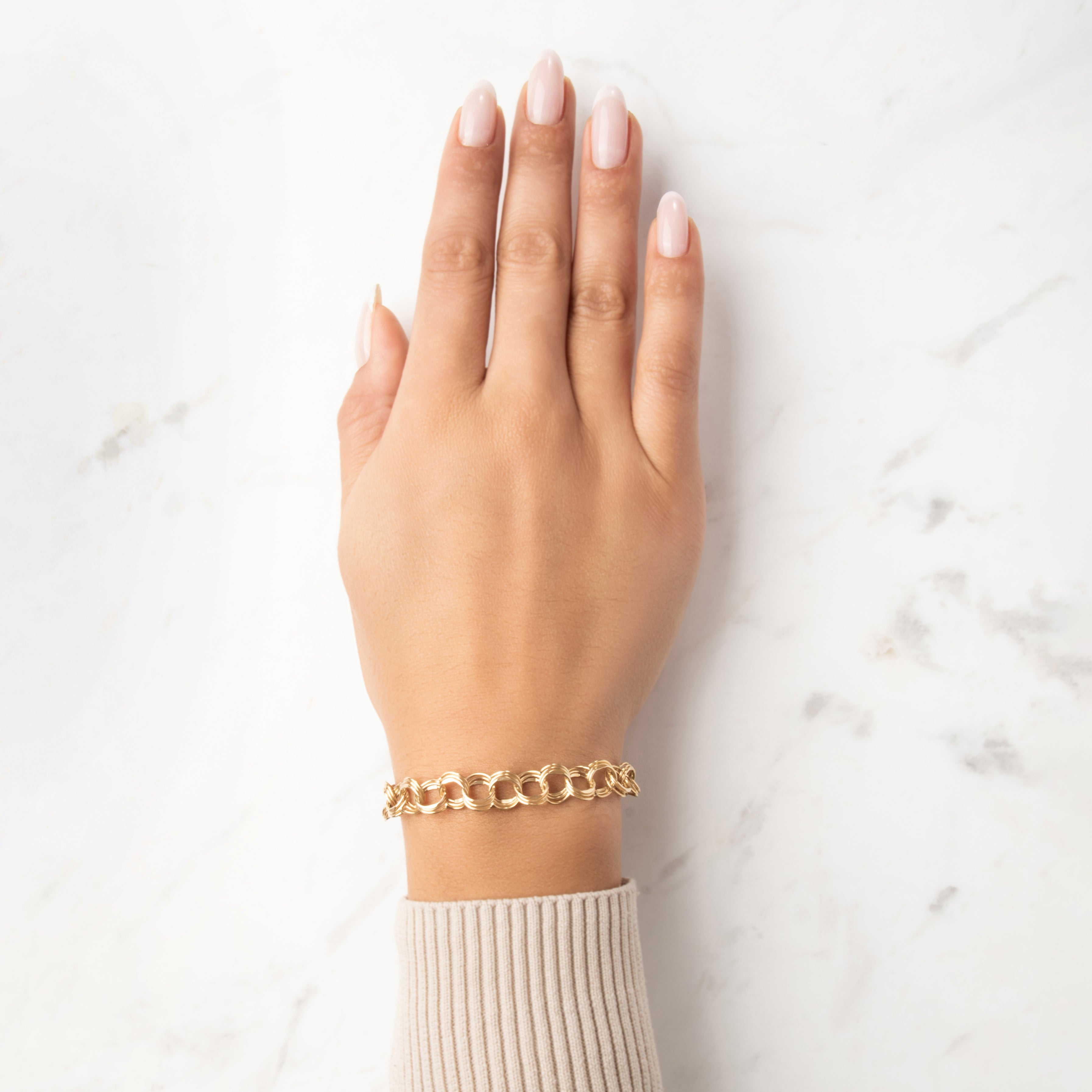 Vintage 14k Yellow Gold Flattened Circle Trio Link Bracelet - On model view