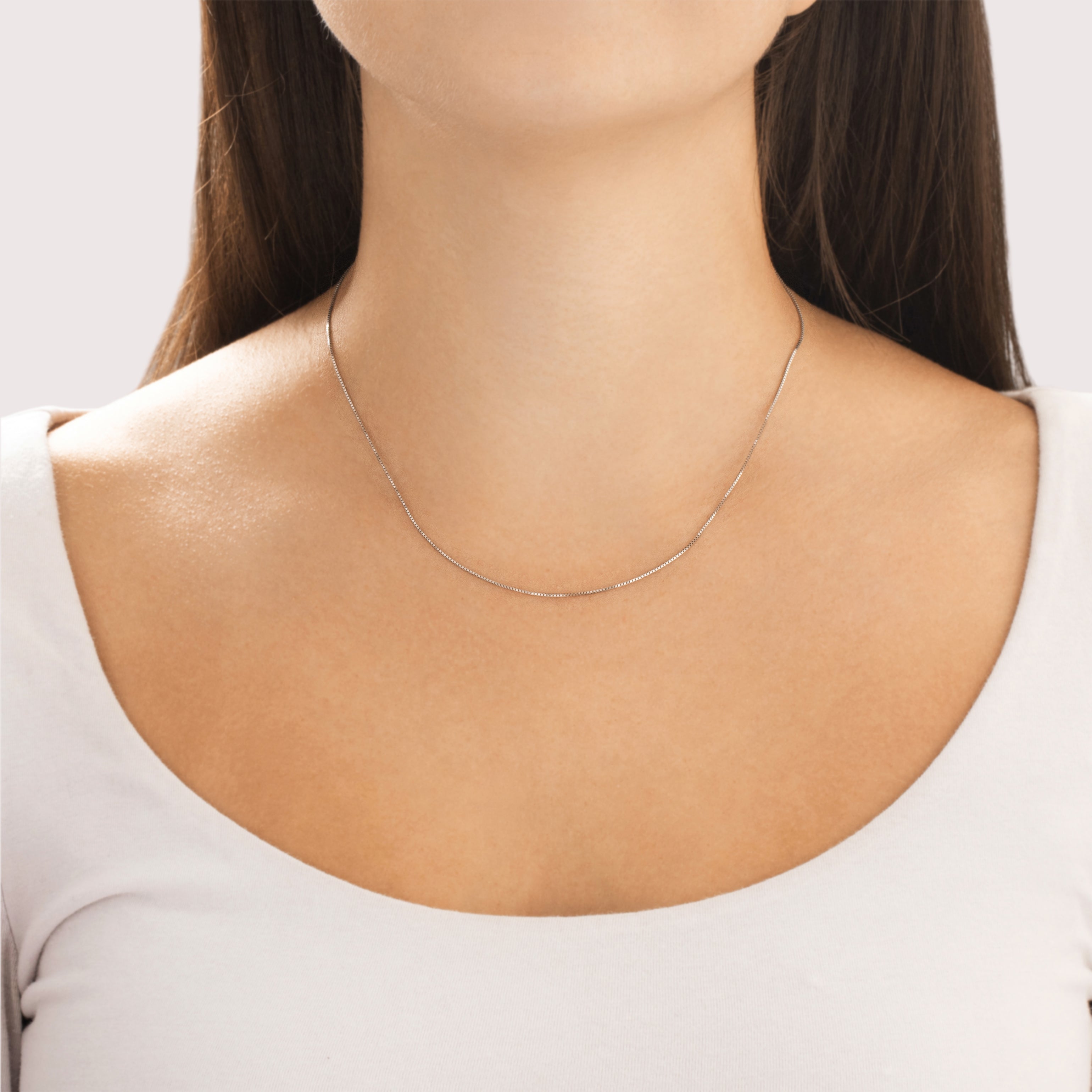 Vintage Italian 14k White Gold .75mm Simple Sleek Box Chain - On model view