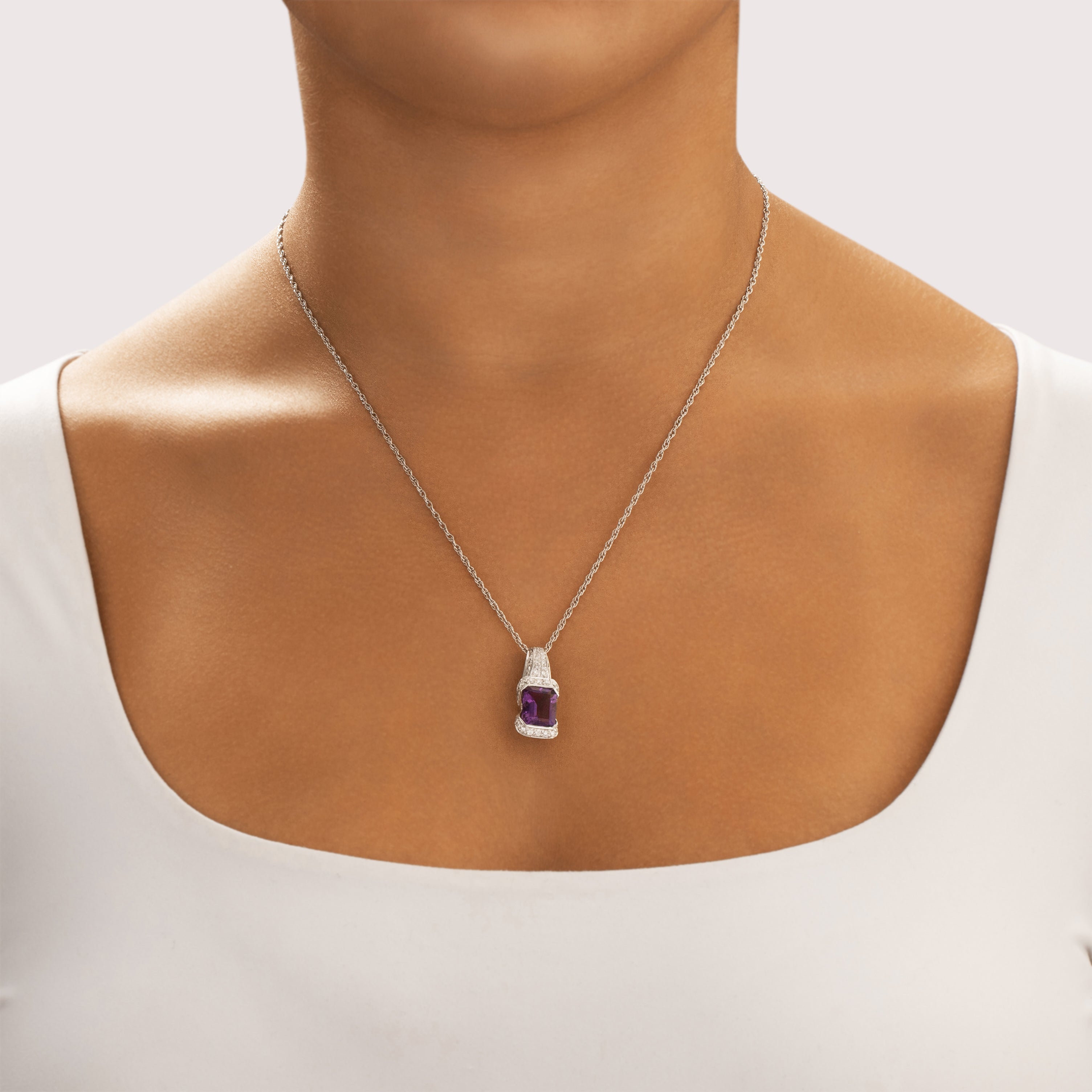Estate 18k White Gold 3.48ct Amethyst Diamond Geometric Pavé Sparkle Slide Pendant - On model view