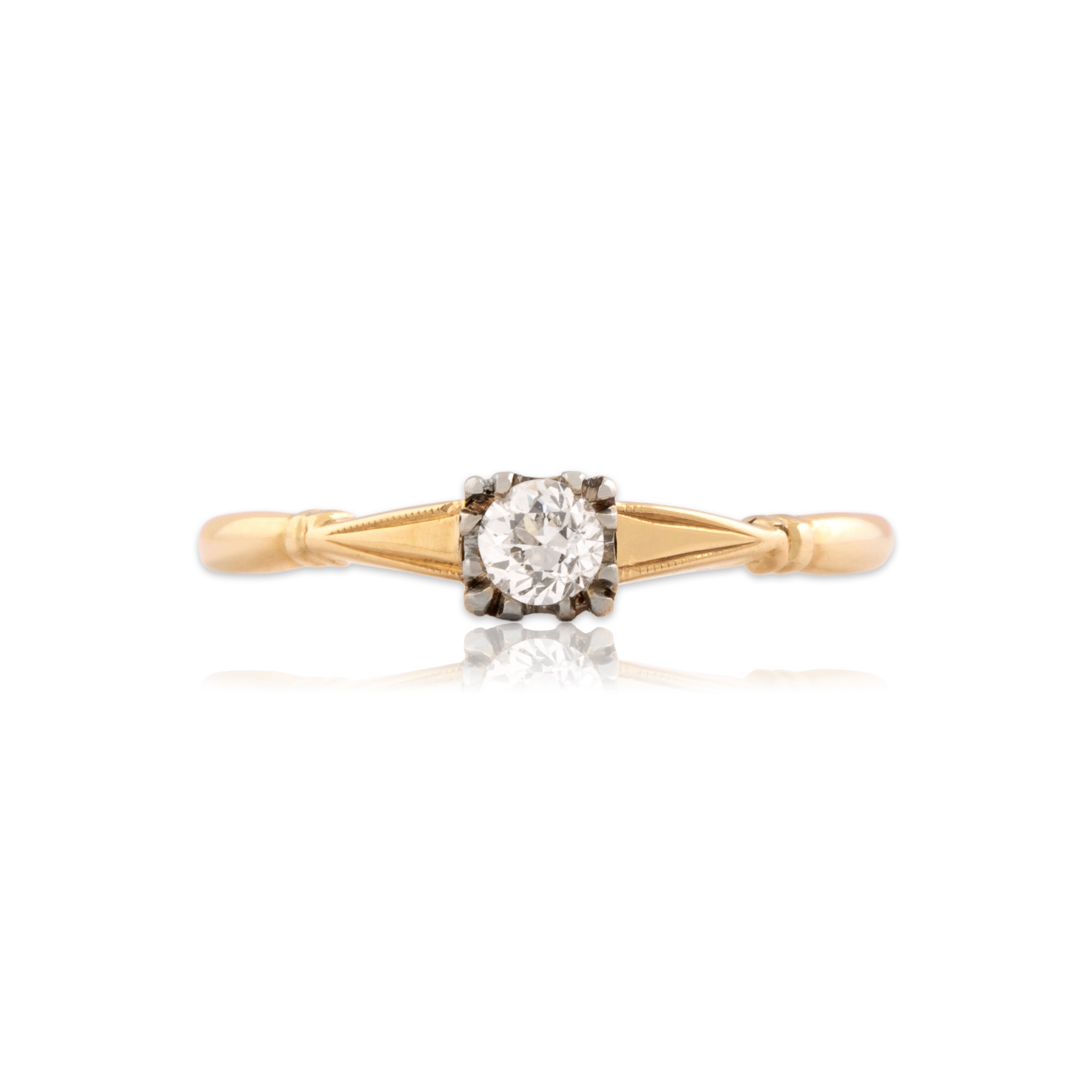 Vintage 14k Yellow & White Gold Old European Cut Diamond Dainty Shouldered Solitaire Ring - Close-up view