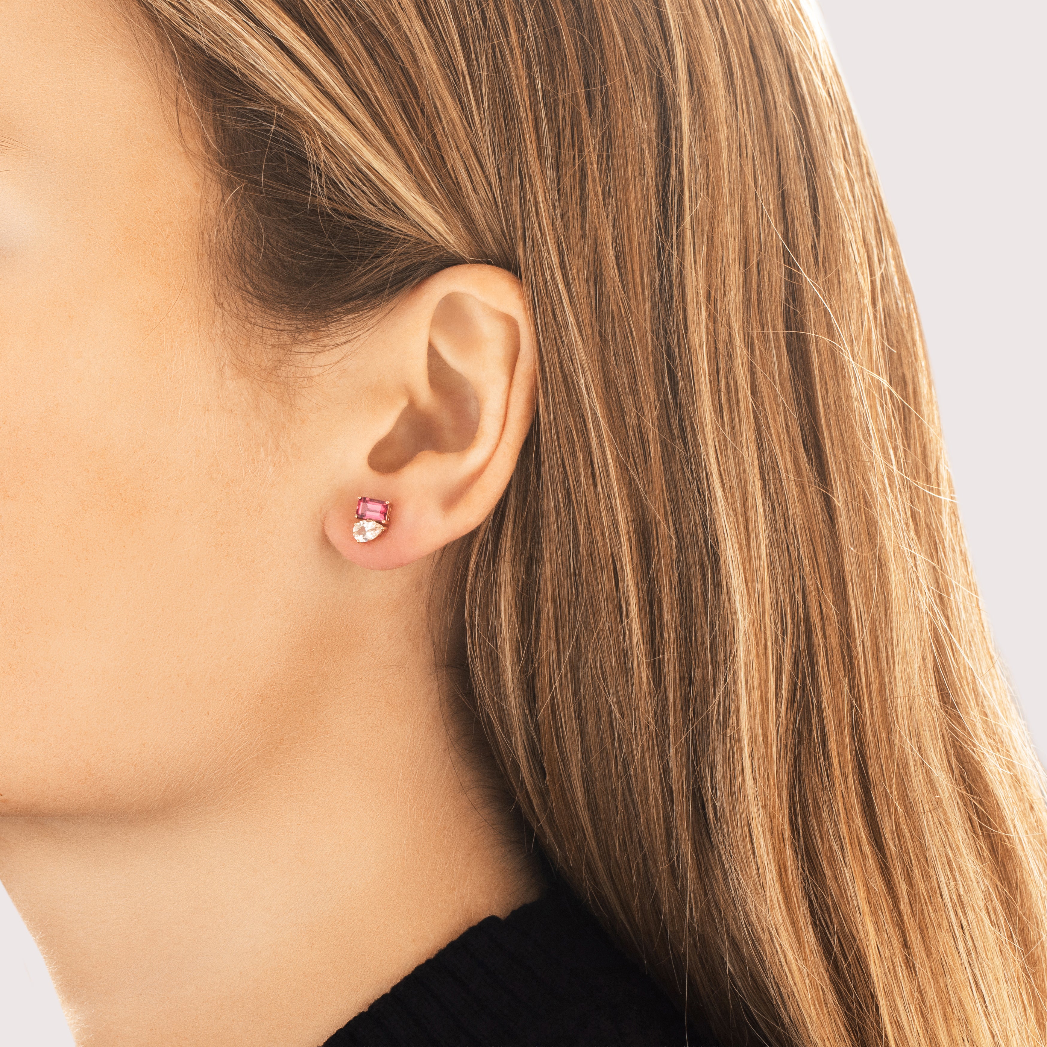 Estate 10k Rose Gold 1.28cttw Berry Garnet .64cttw Morganite Chic Toi Et Moi Stud Earrings - On model view