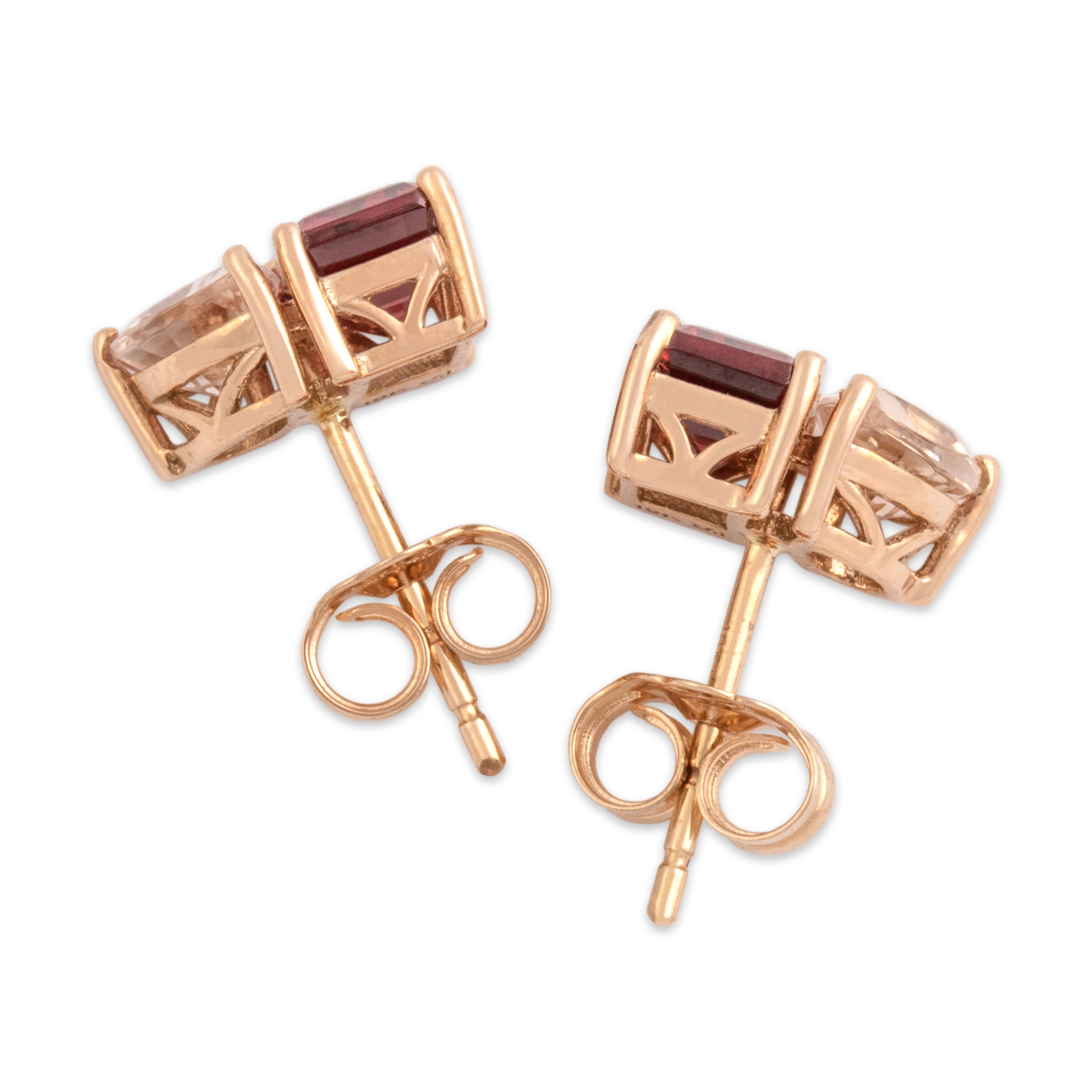 Estate 10k Rose Gold 1.28cttw Berry Garnet .64cttw Morganite Chic Toi Et Moi Stud Earrings - Side view