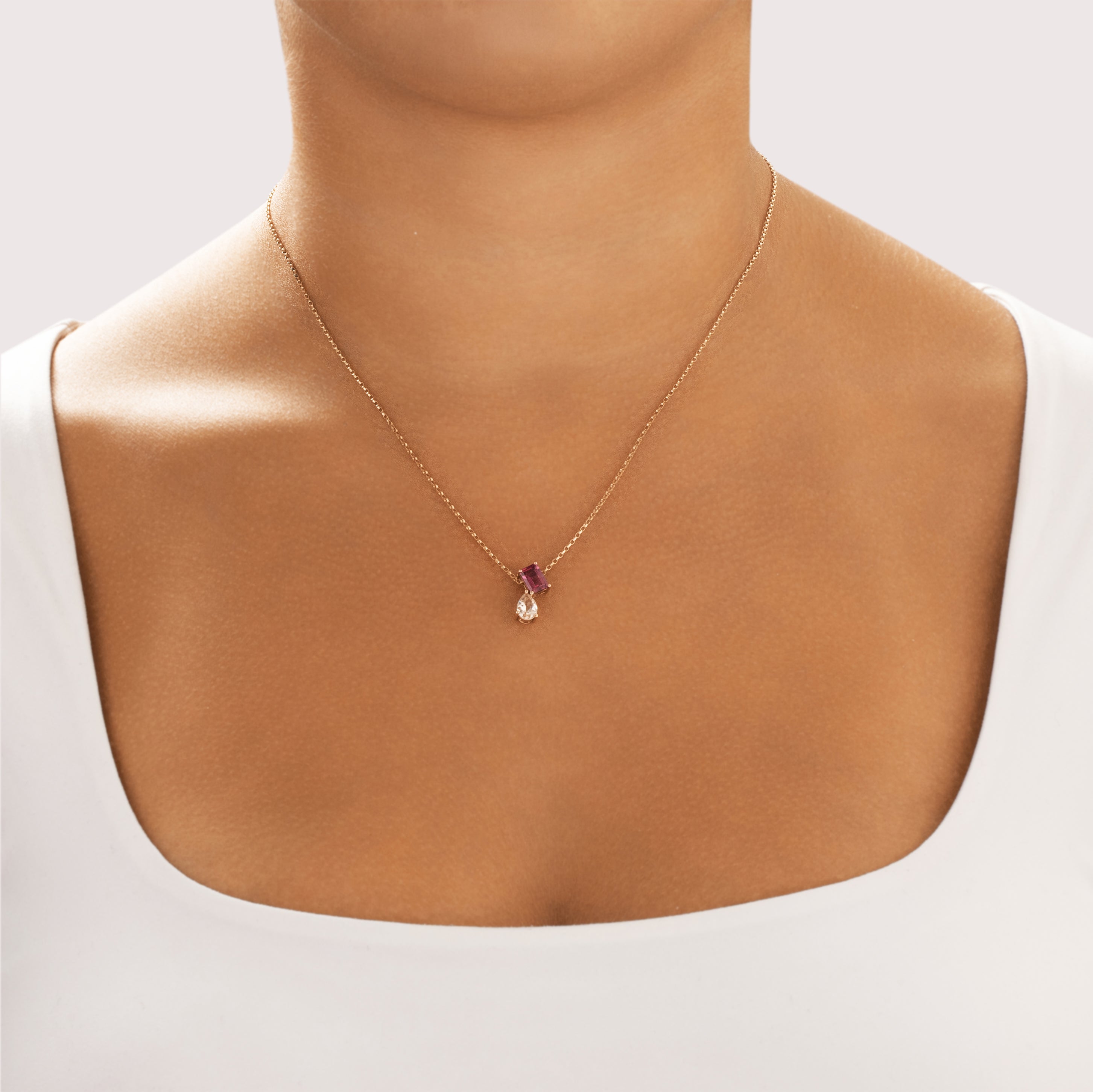 Estate Small 10k Rose Gold 1.13ct Pink Garnet .55ct Morganite Fantastic Toi Et Moi Pendant - On model view