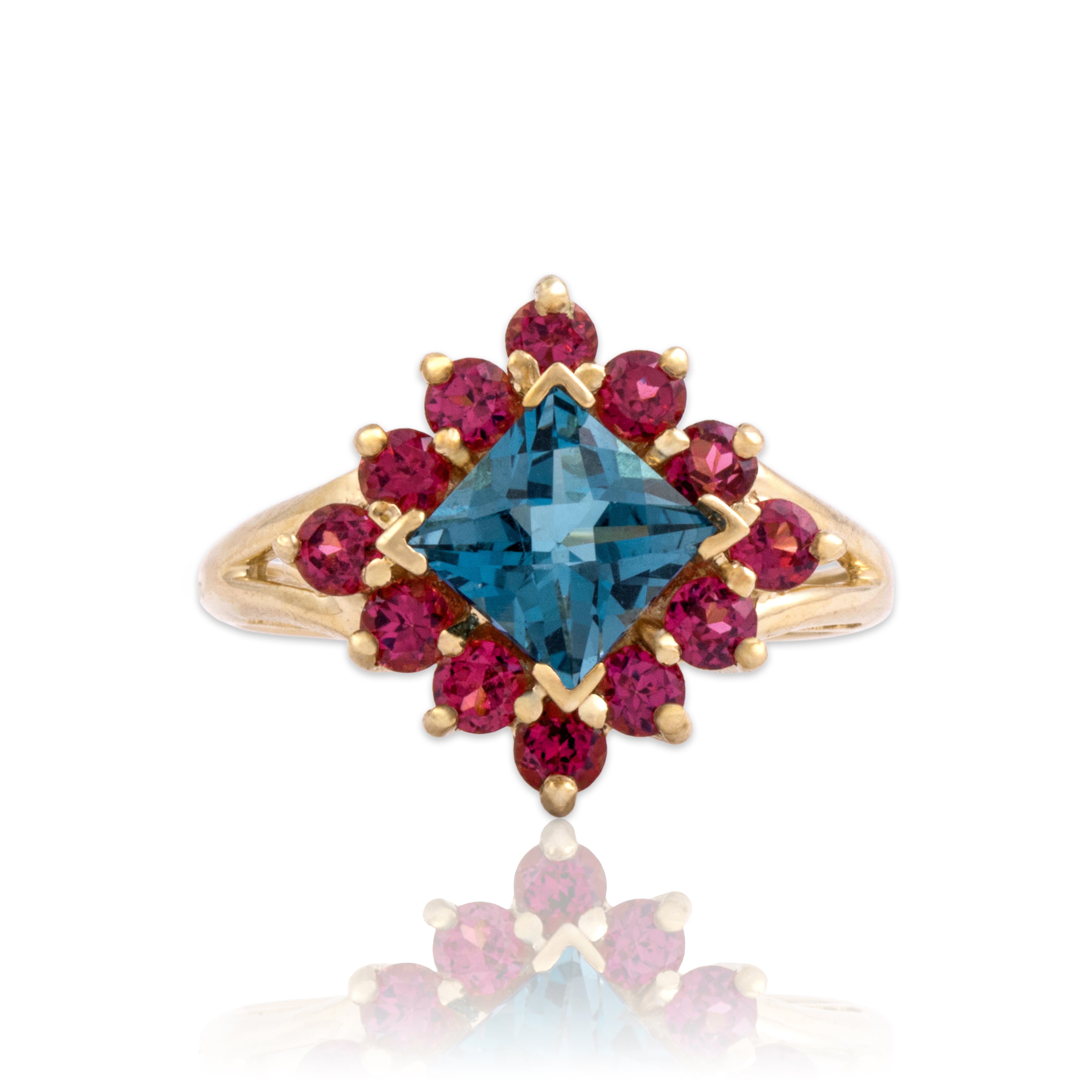Vintage 10k Yellow Gold 1.37ct Swiss Blue Topaz .63cttw Berry Garnet Halo Ring 7.00