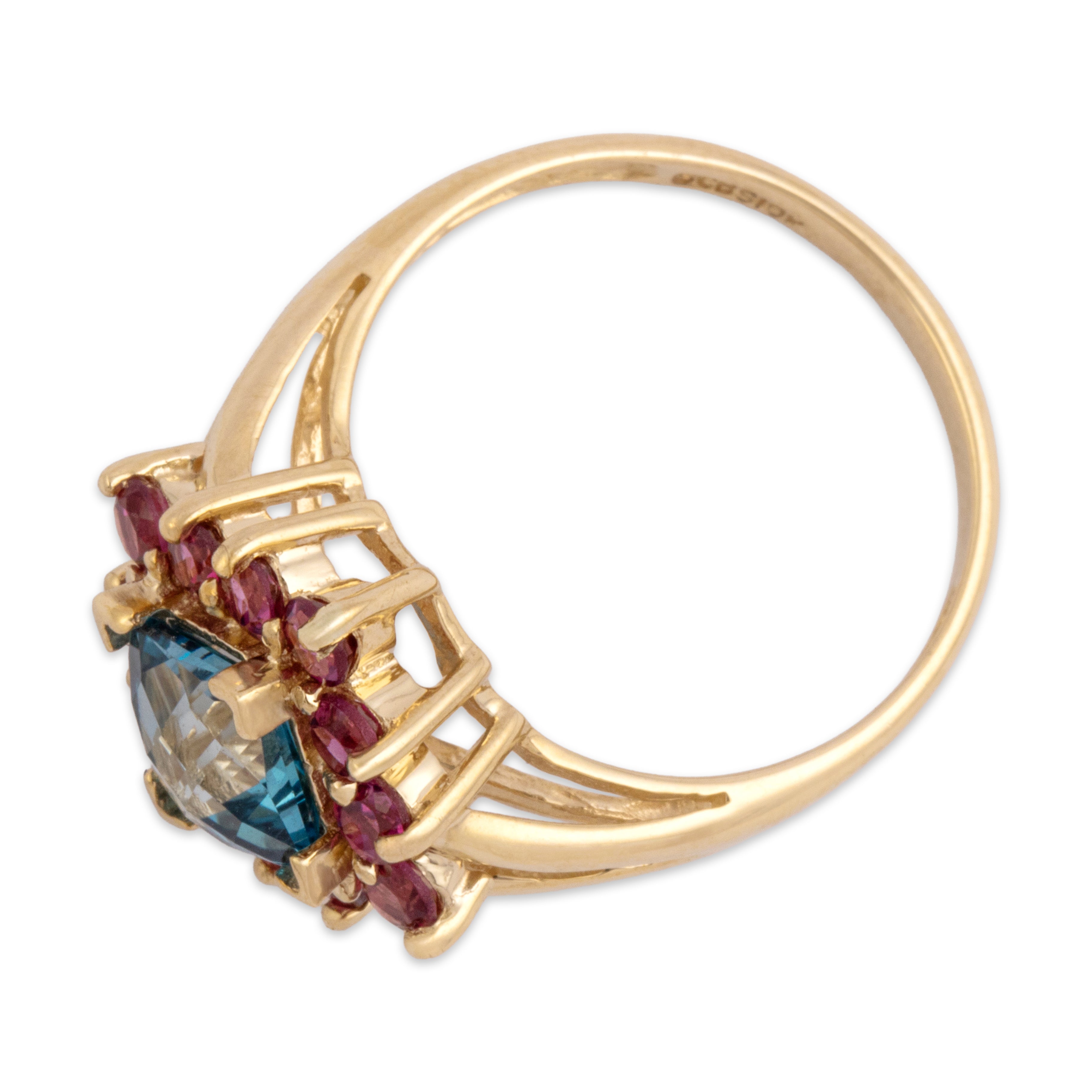 Vintage 10k Yellow Gold 1.37ct Swiss Blue Topaz .63cttw Berry Garnet Sparkling Split Shoulder Halo Ring - Overall view