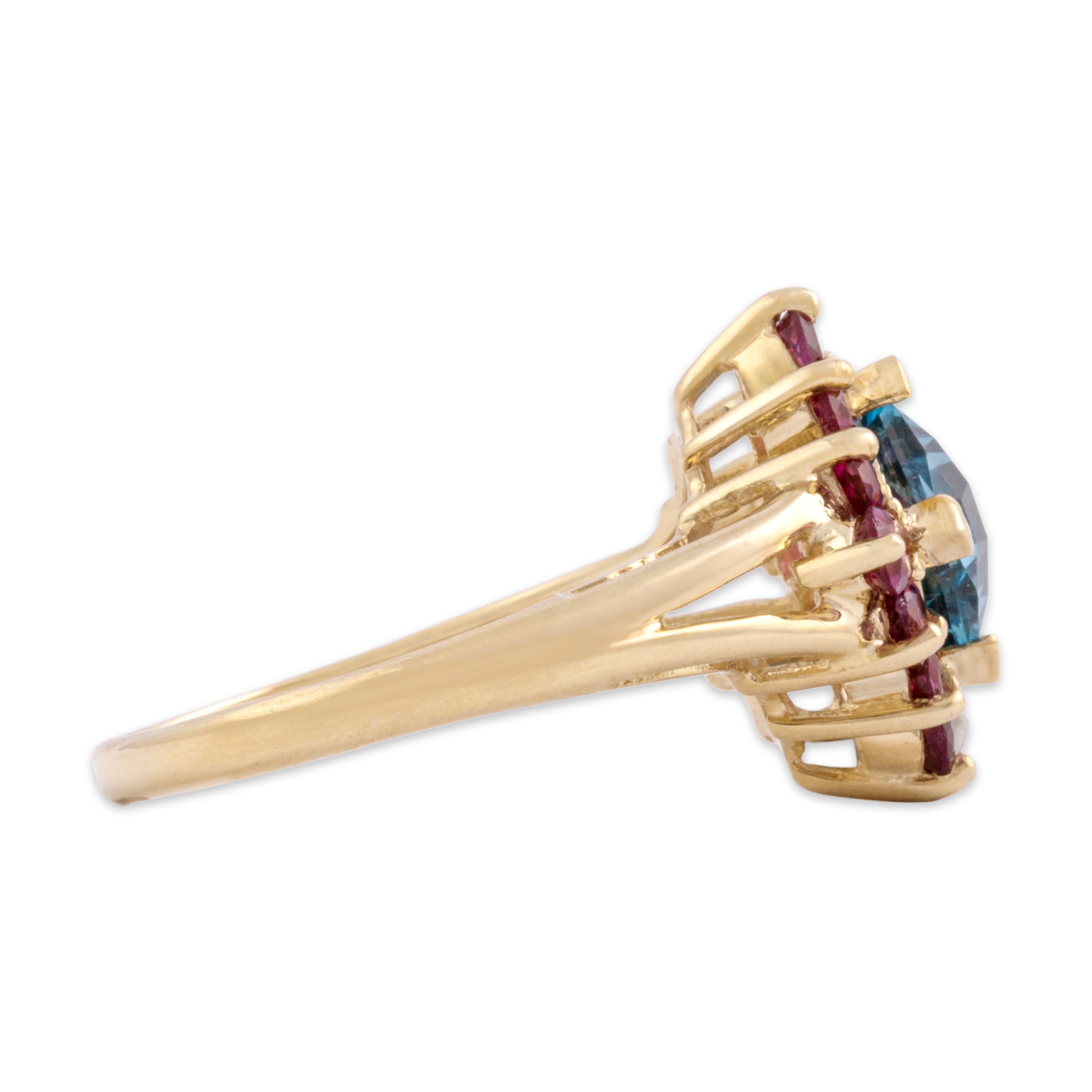 Vintage 10k Yellow Gold 1.37ct Swiss Blue Topaz .63cttw Berry Garnet Sparkling Split Shoulder Halo Ring - Side view