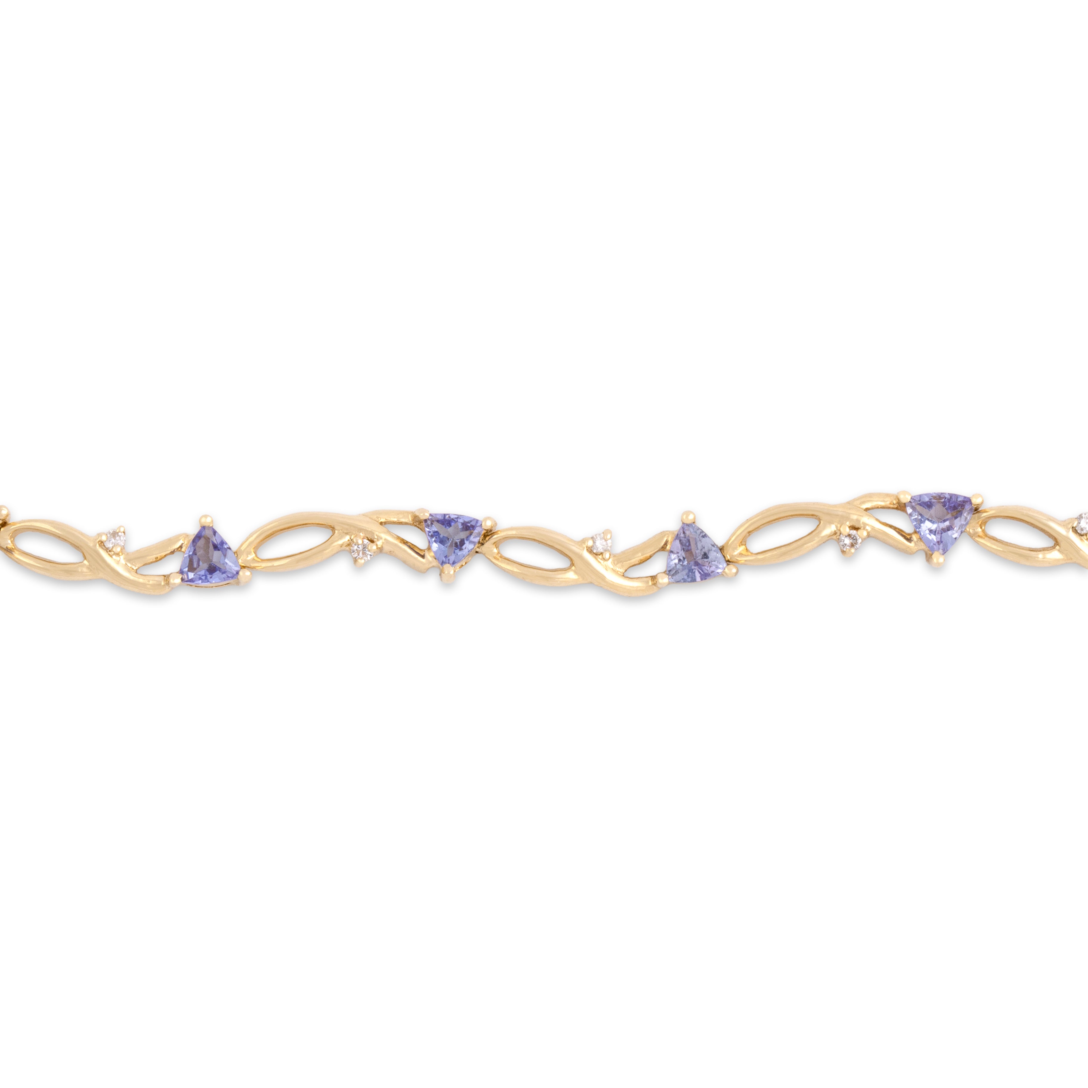 Vintage 14k Yellow Gold 1.46cttw Tanzanite Diamond Delicate Sweeping Openwork Bracelet - Close-up view