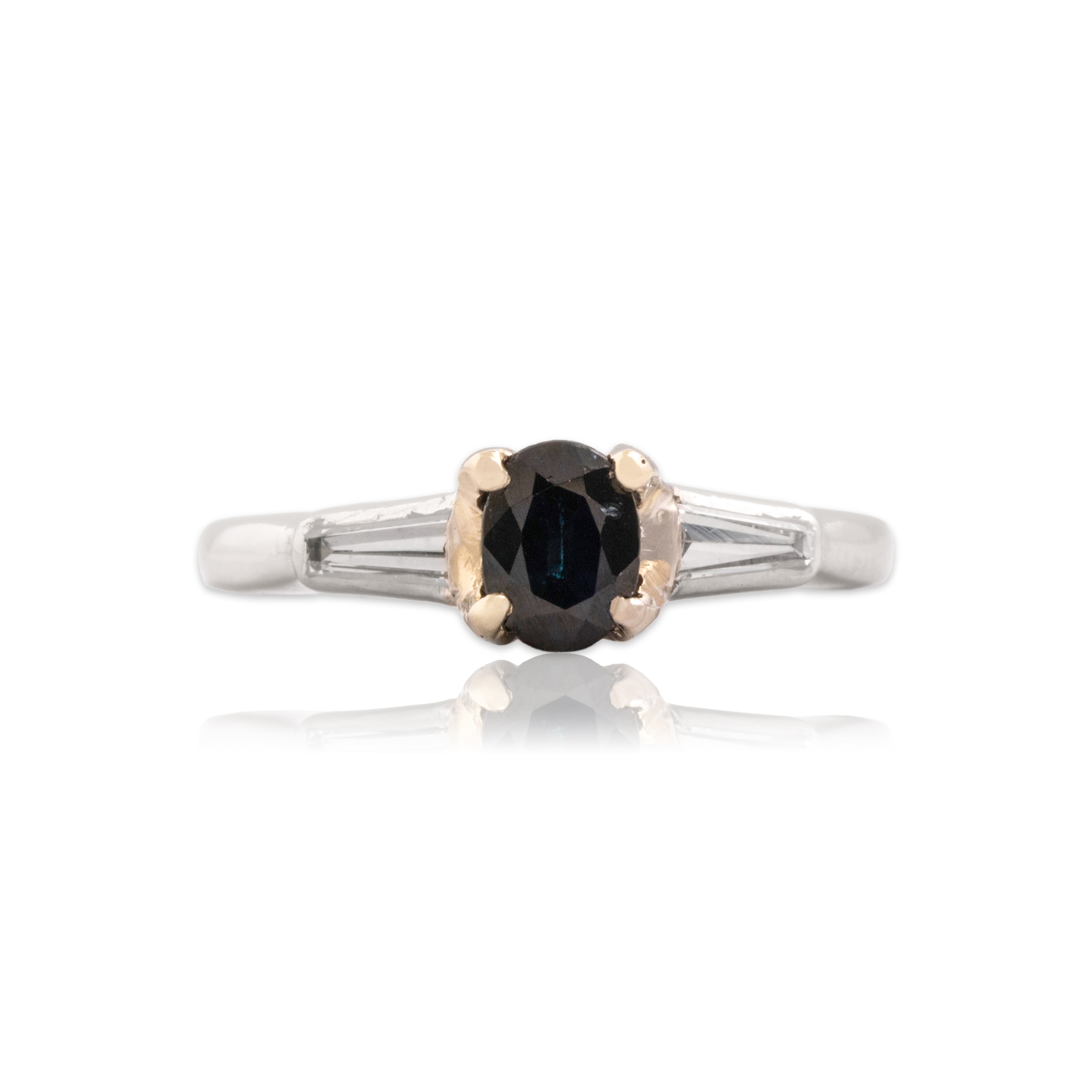 Vintage Platinum .52ct Dark Blue Sapphire Diamond Classic Clean Line Ring - Close-up view