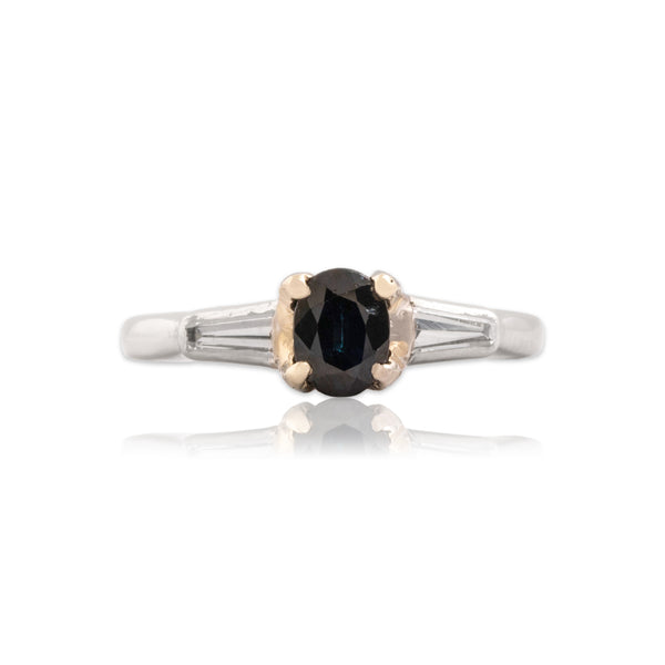 Vintage Platinum .52ct Dark Blue Sapphire Diamond Classic Clean Line Ring 4.00
