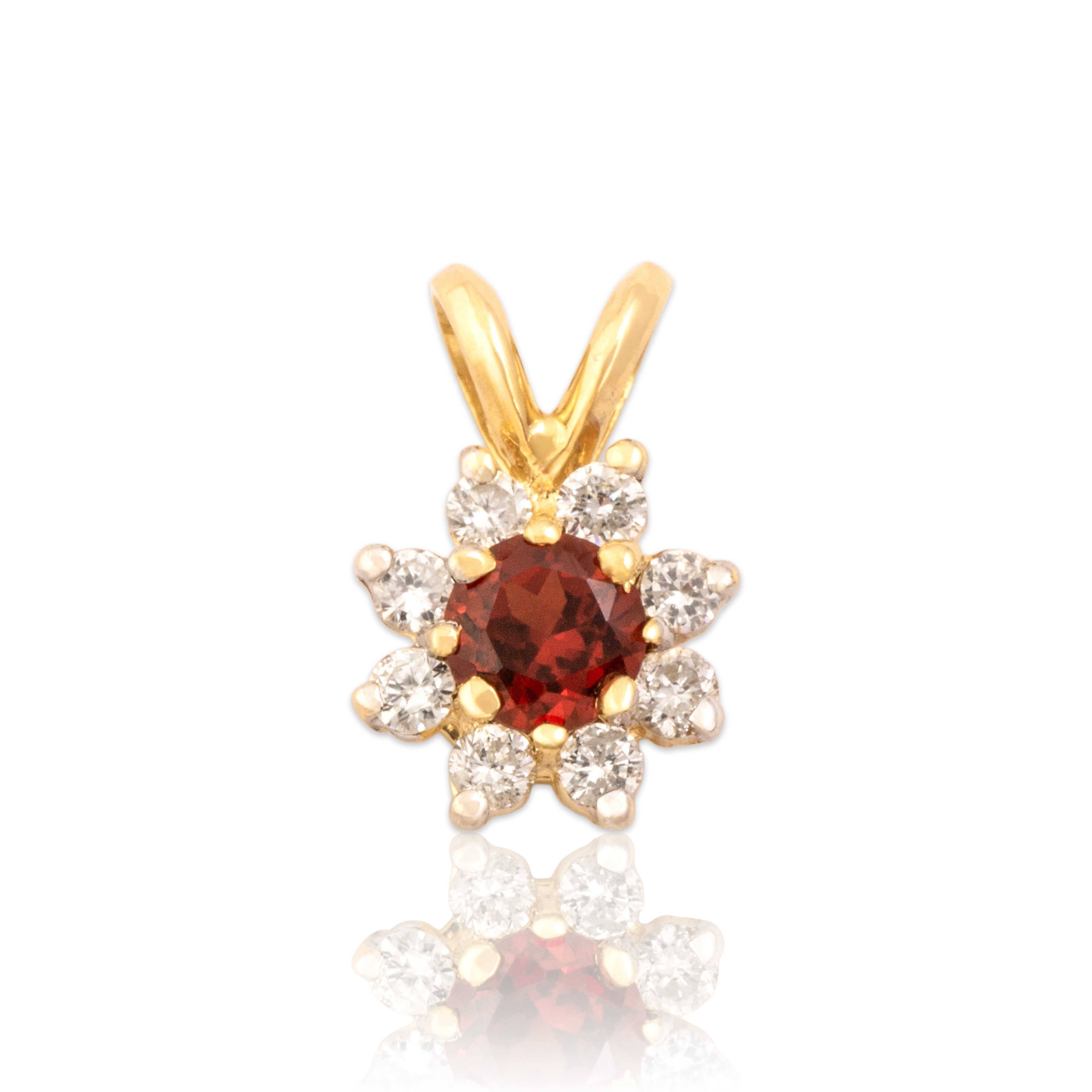 Vintage Small 14k Yellow Gold Garnet Diamond Sparkling Floriform Halo Pendant