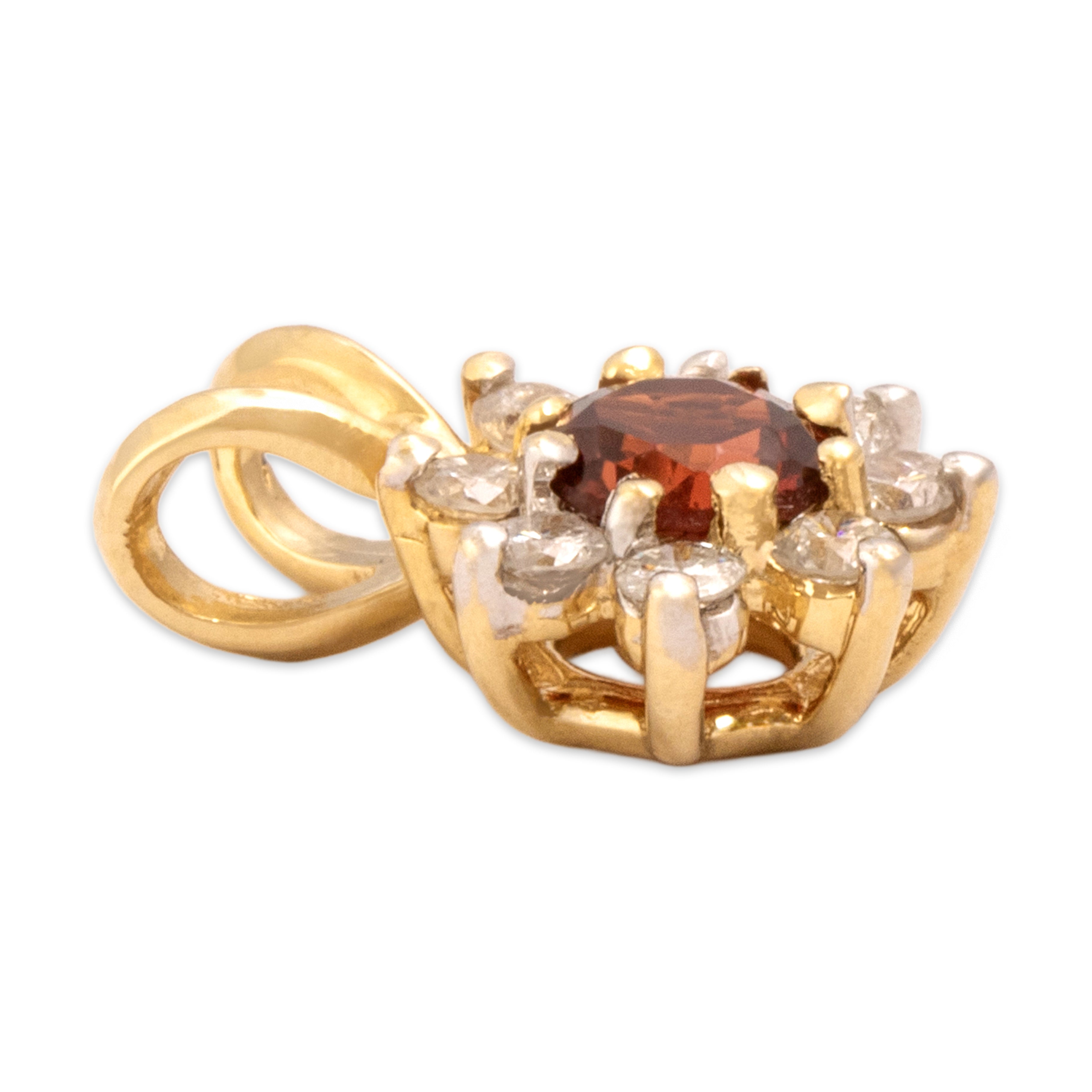 Vintage Small 14k Yellow Gold Garnet Diamond Sparkling Floriform Halo Pendant - Side view