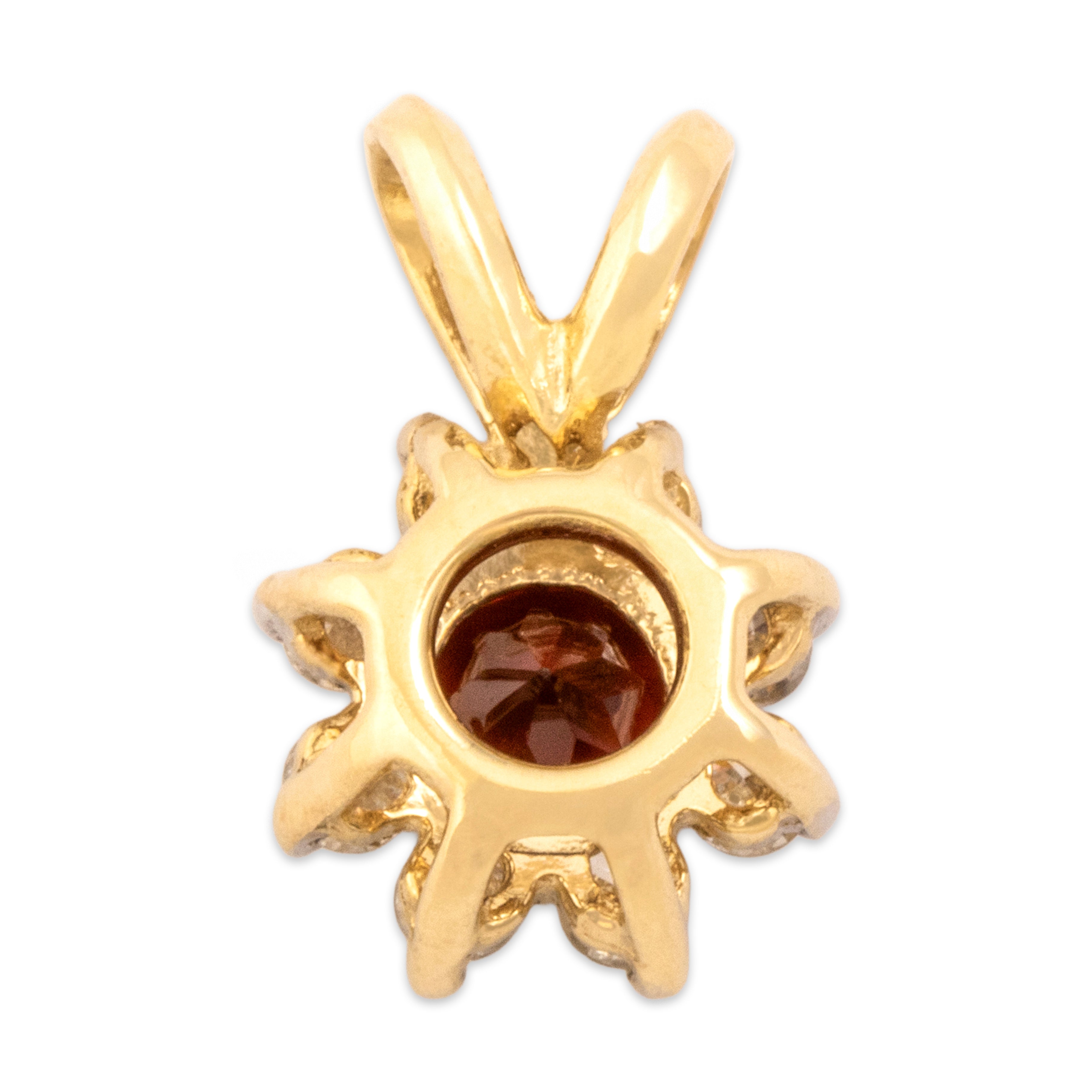 Vintage Small 14k Yellow Gold Garnet Diamond Sparkling Floriform Halo Pendant - Back view