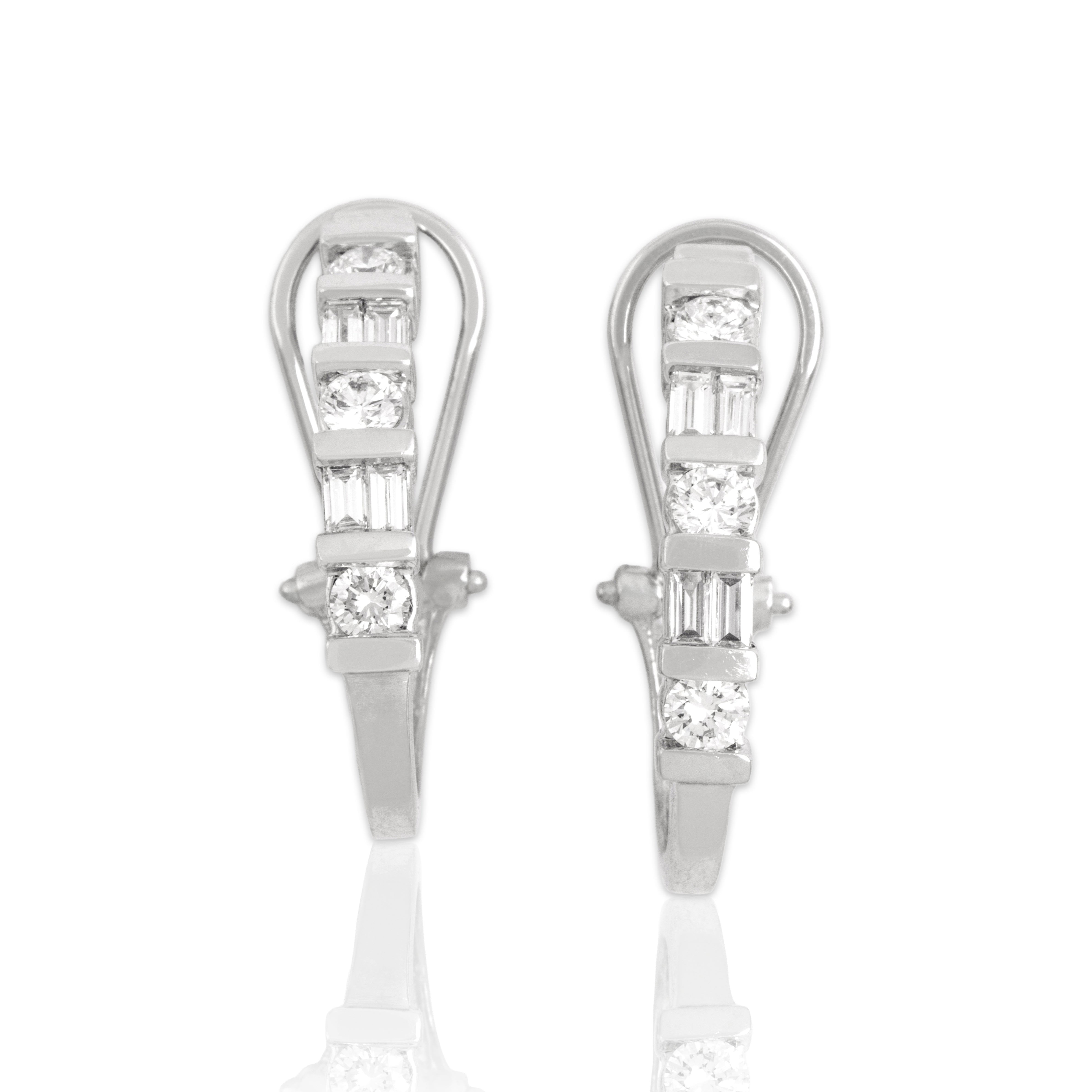 Vintage 14k White Gold .87cttw Diamond Sleek Channel Set Omega-Back Earrings - Close-up view