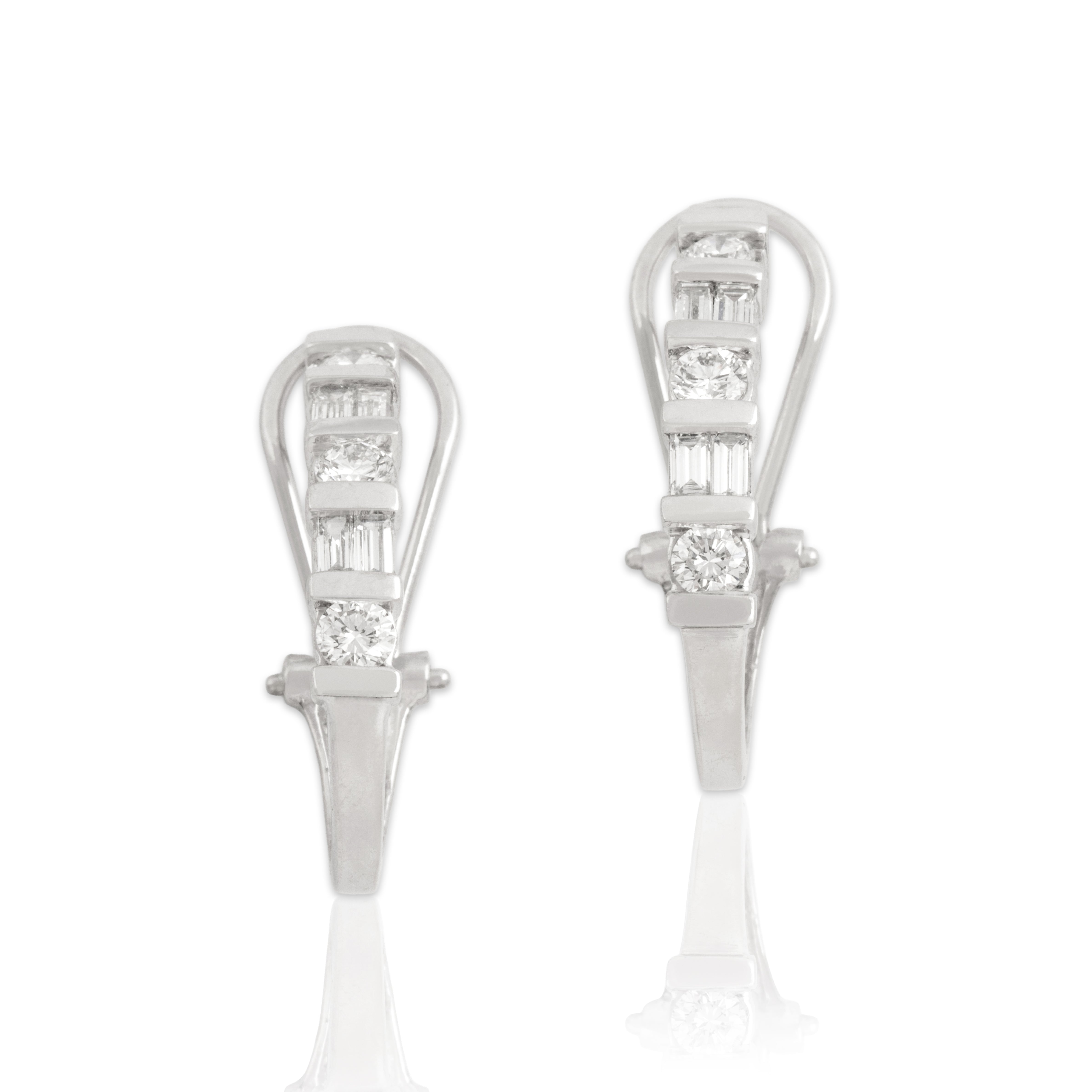 Vintage 14k White Gold .87cttw Diamond Sleek Channel Set Omega-Back Earrings
