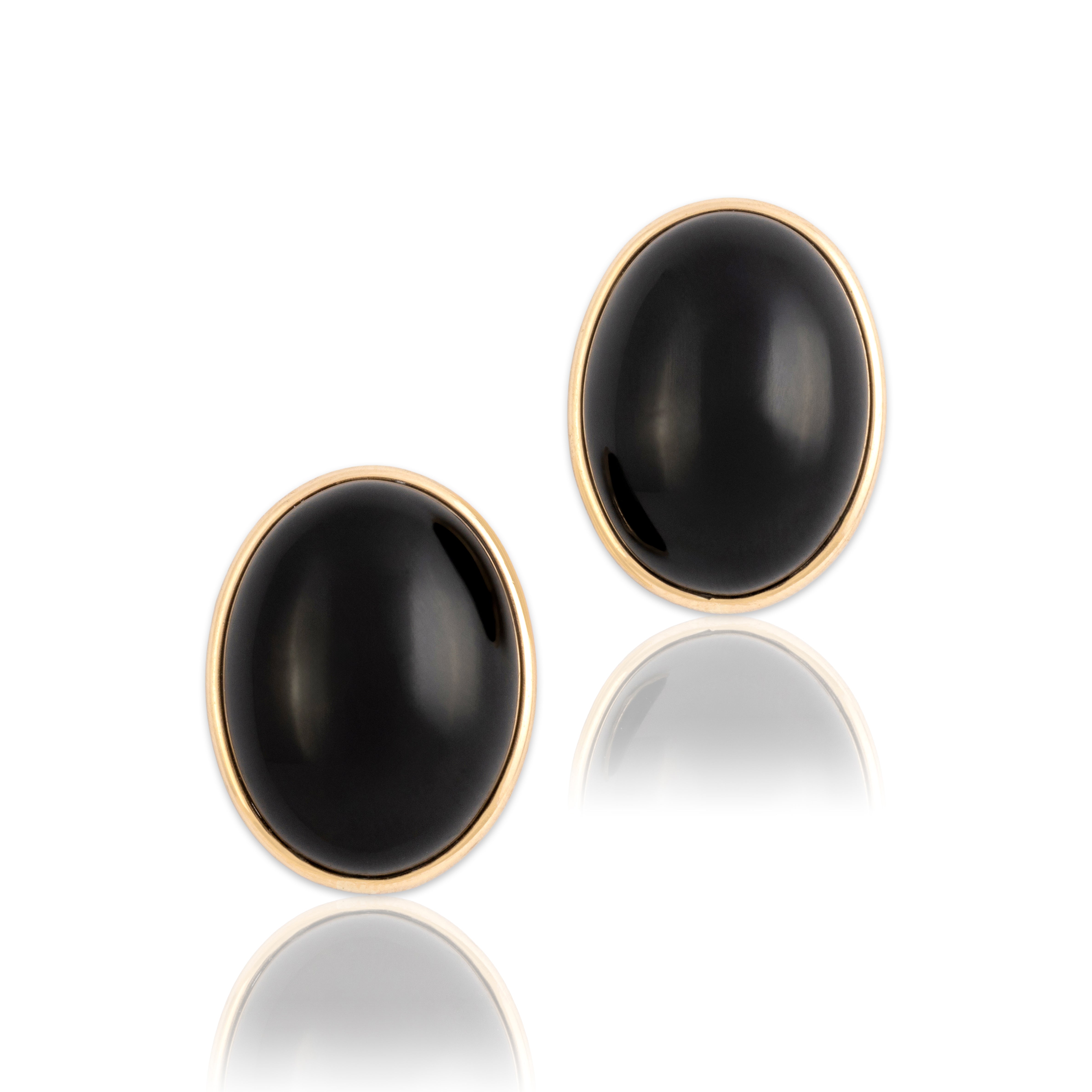 Vintage Large 14k Yellow Gold 33.9cttw Onyx Framed Cabochon Statement Earrings