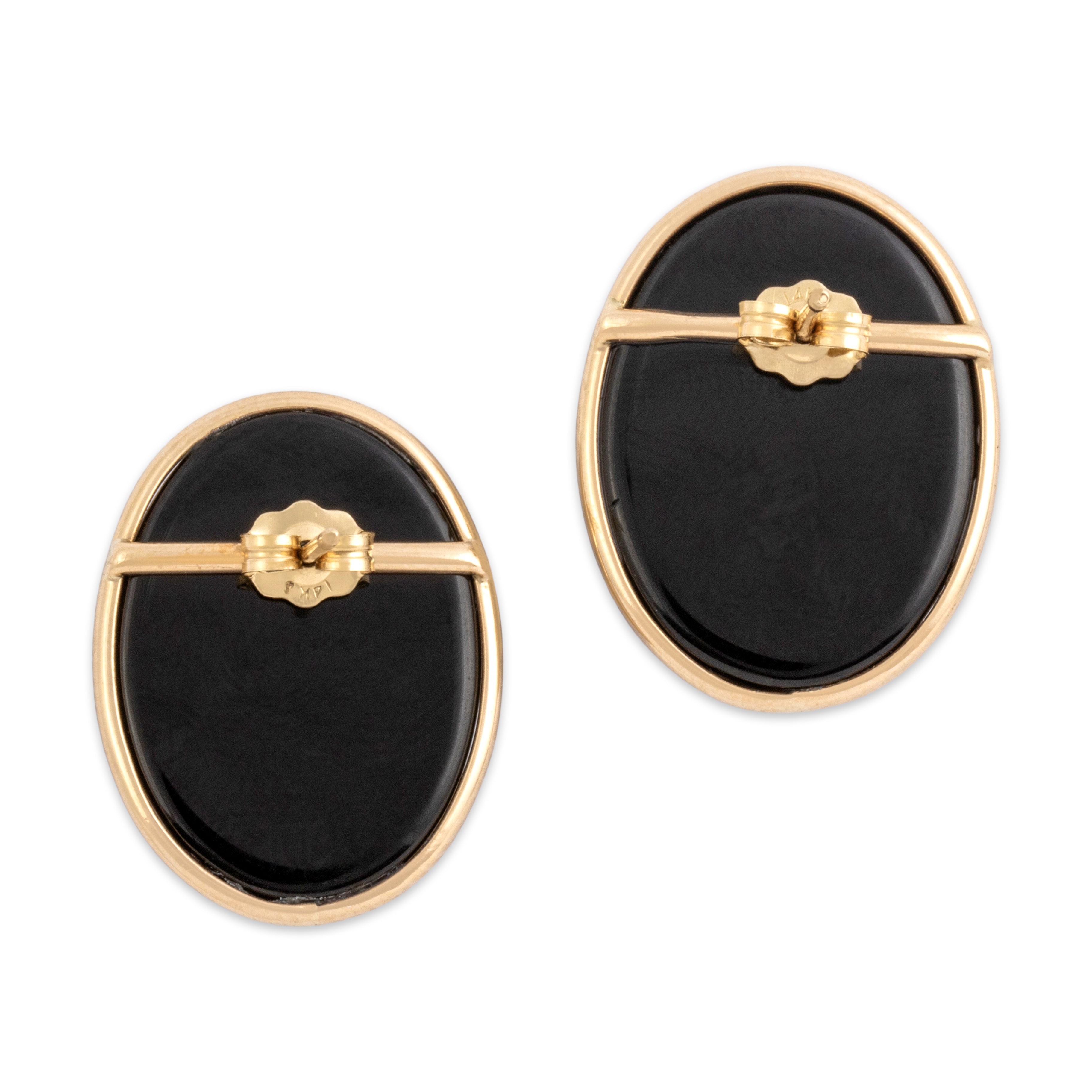 Vintage Large 14k Yellow Gold 33.9cttw Onyx Framed Cabochon Statement Stud Earrings - Back view